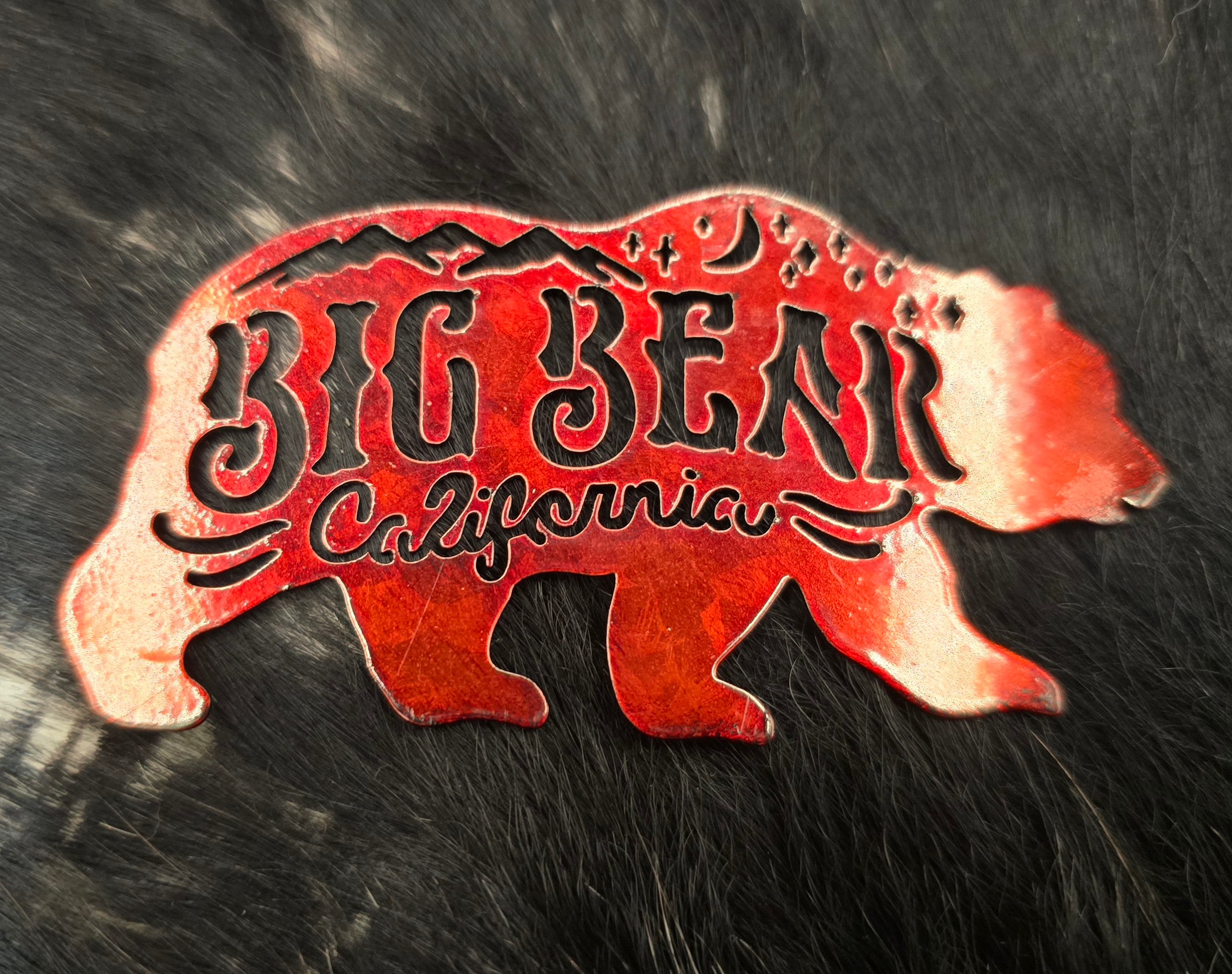rustic copper colored big bear california metal magnet shaped like a bear measuring 3.5 inches wide
