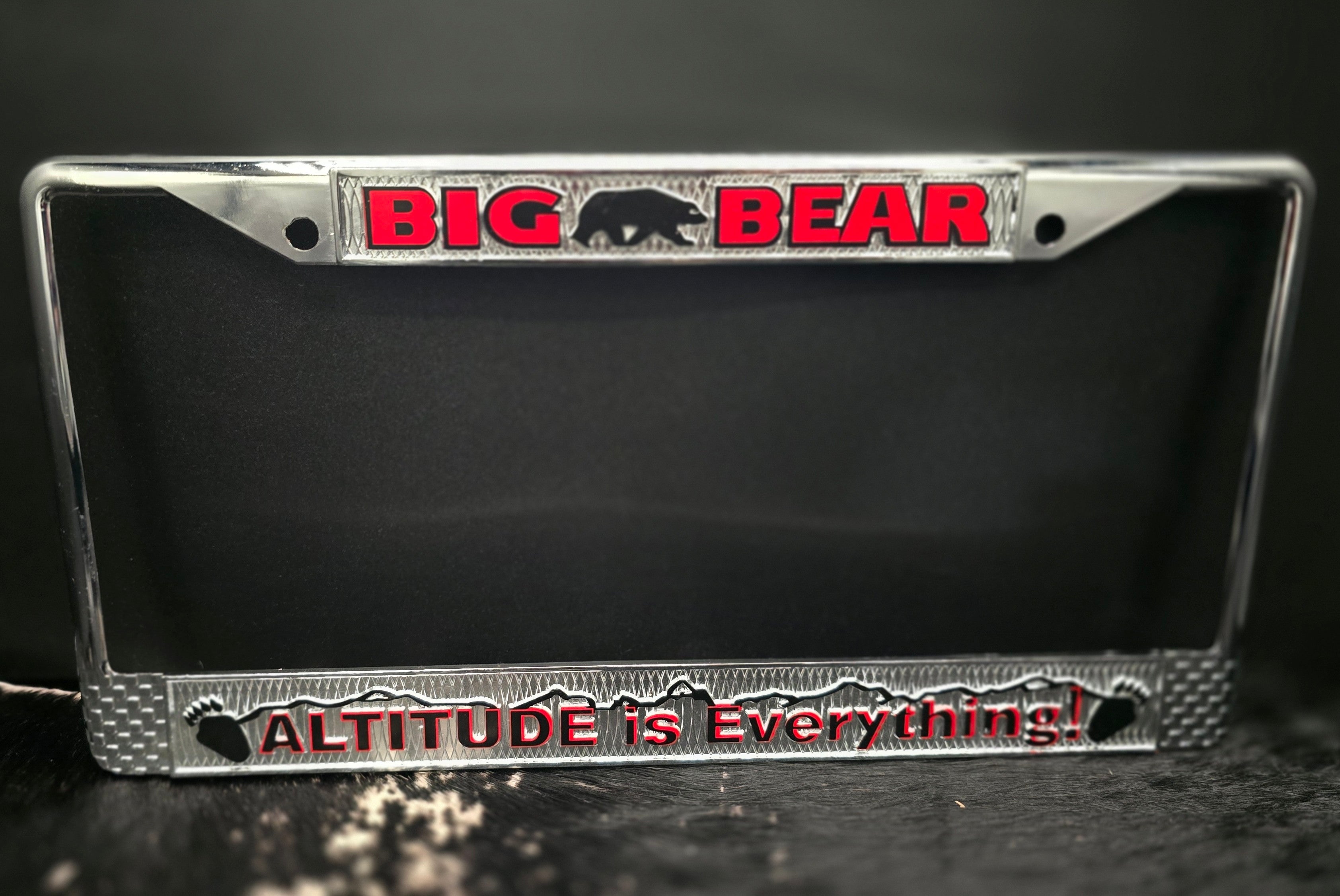 Big Bear California License Plate Frame "Altitude Is Everything" Chrome Metal Frame