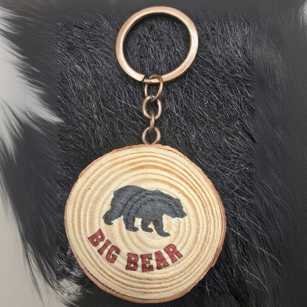 Big Bear Wood Burned Disk Black Bear Keychain