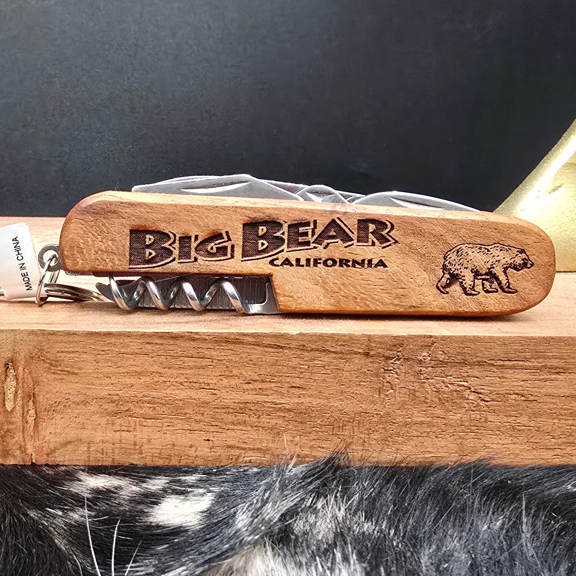 Big Bear California Laser Engraved Wood 7 Piece Pocket Knife Keychain