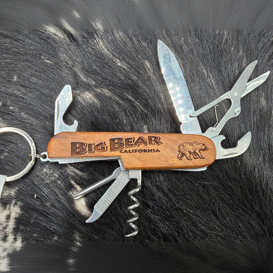 Big Bear California Laser Engraved Wood 7 Piece Pocket Knife Keychain
