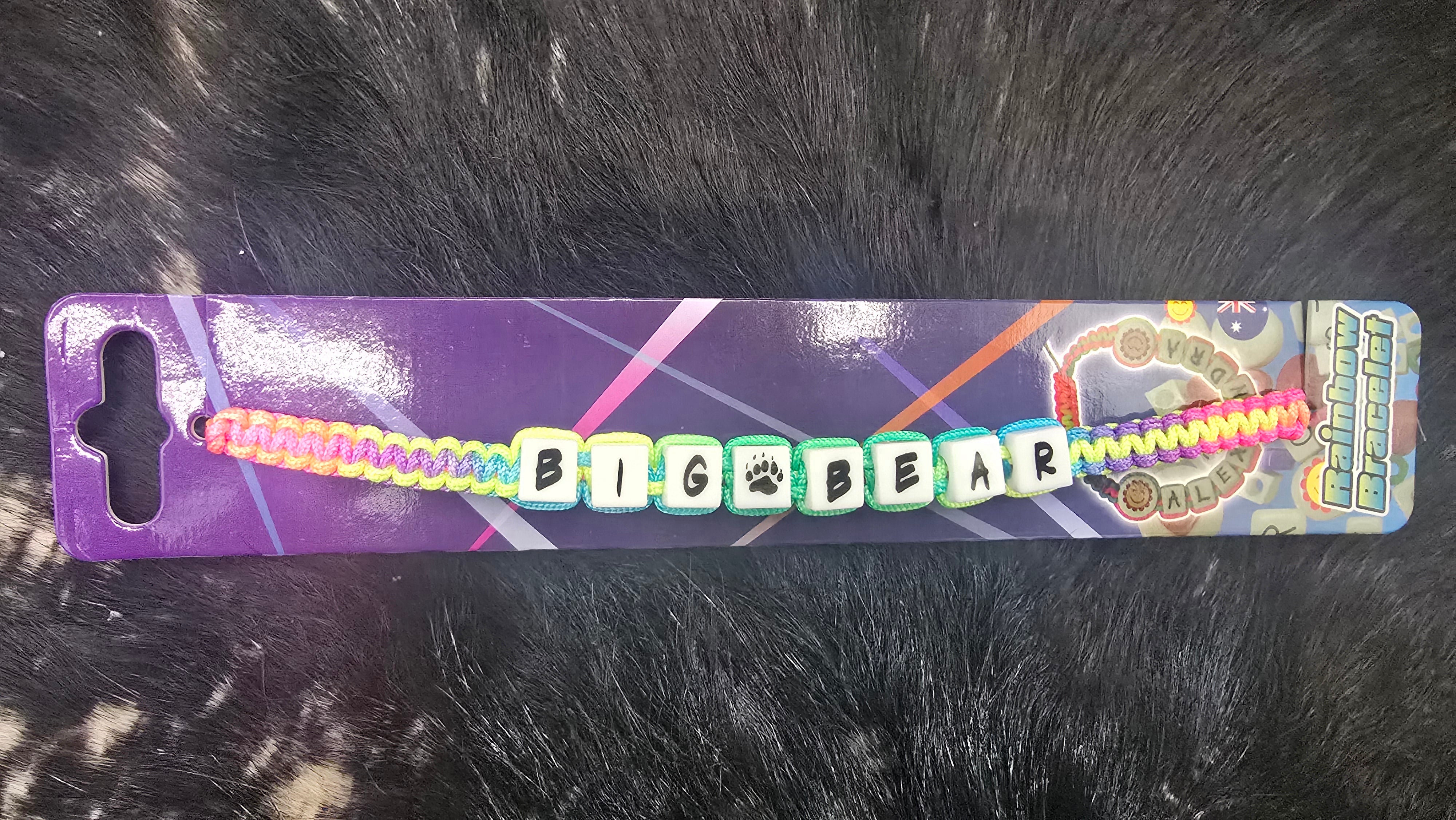 colorful handmade big bear california friendship bracelet with letter beads and bear paw accent