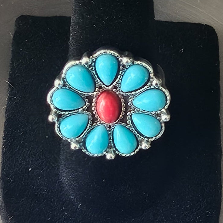 Large Faux Turquoise Flower Ring Size 6 Silver Plated Boho Southwestern Statement Jewelry