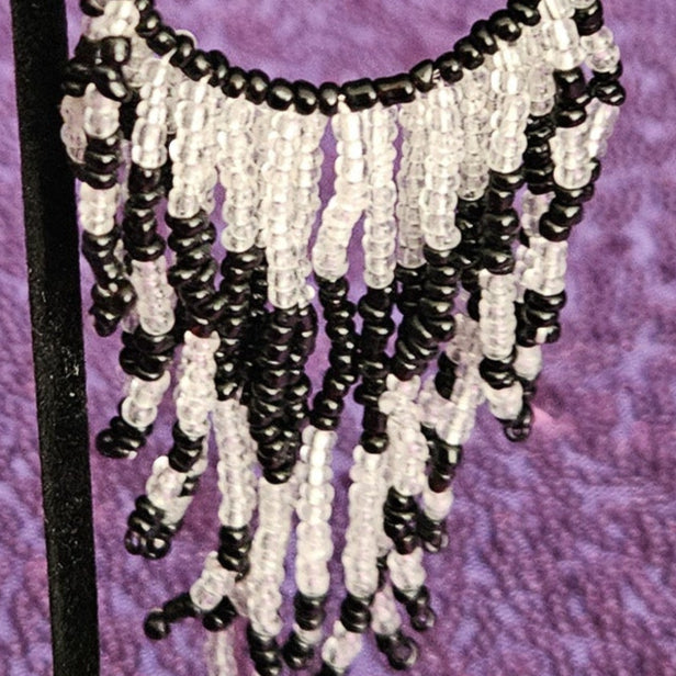 Black and White Bugle Seed Beaded Dangle Earrings