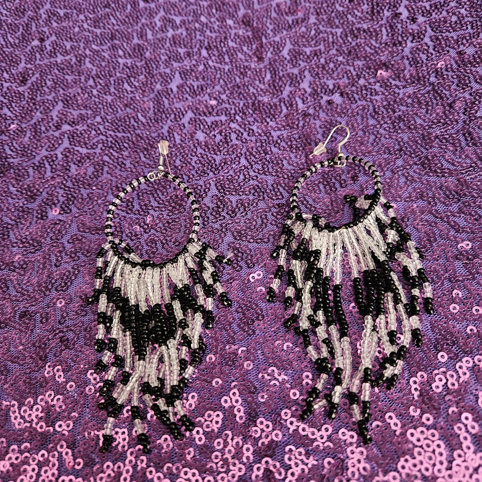 Black and White Bugle Seed Beaded Dangle Earrings
