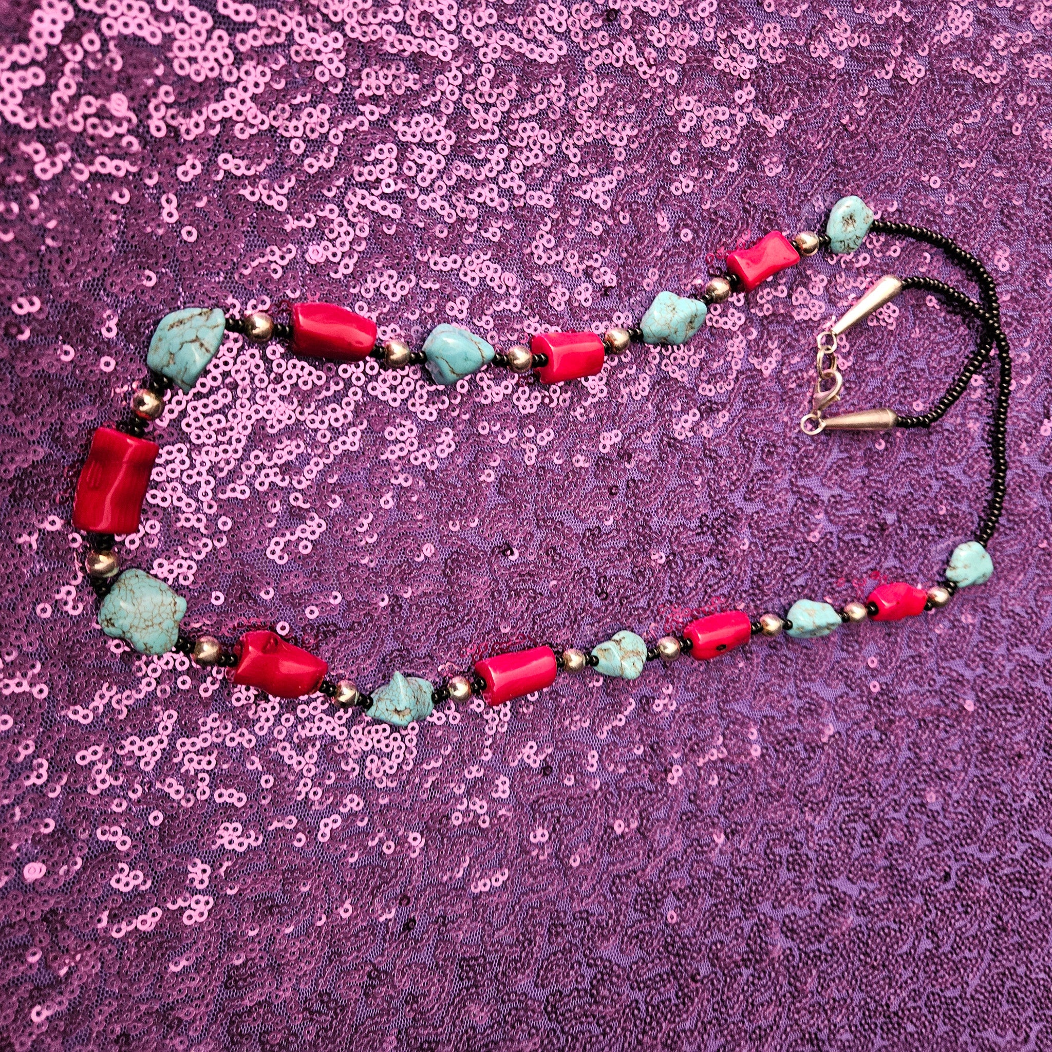 Turquoise Dyed Howlite and Bright Red Faux Coral Necklace