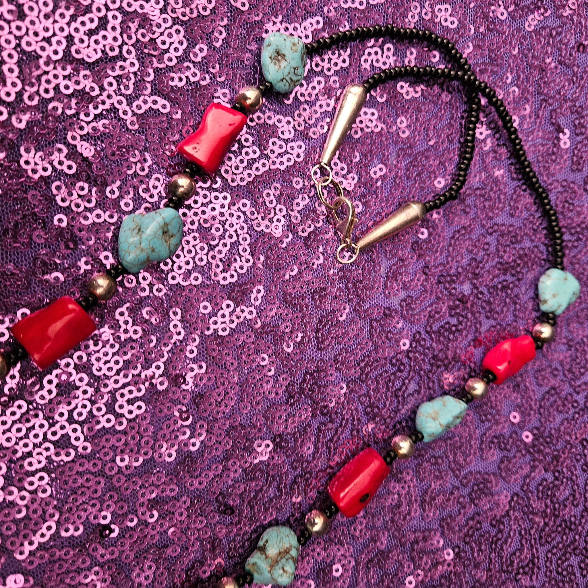Turquoise Dyed Howlite and Bright Red Faux Coral Necklace