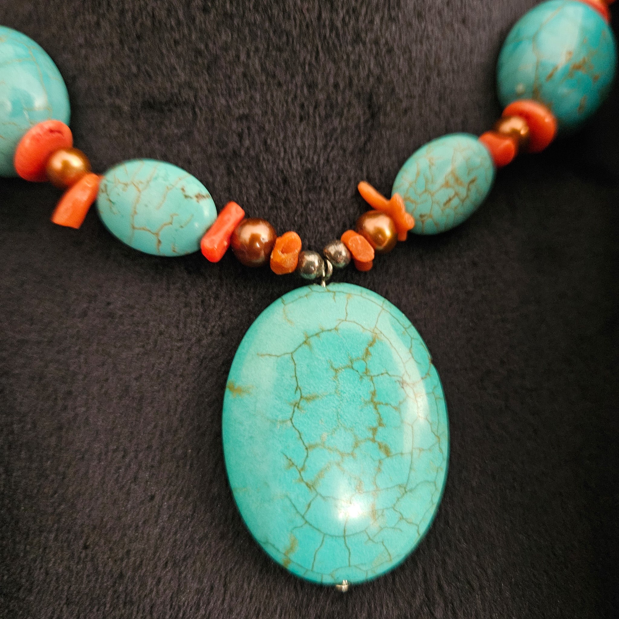 Turquoise Dyed Howlite Stone and Coral Necklace