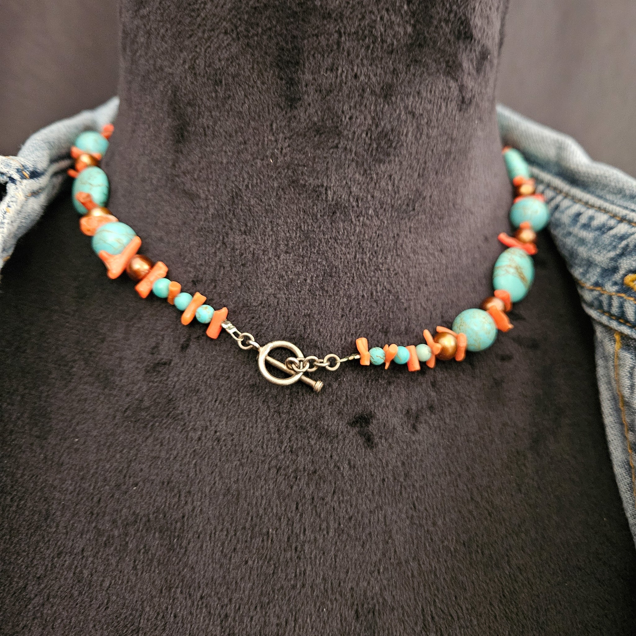 Turquoise Dyed Howlite Stone and Coral Necklace