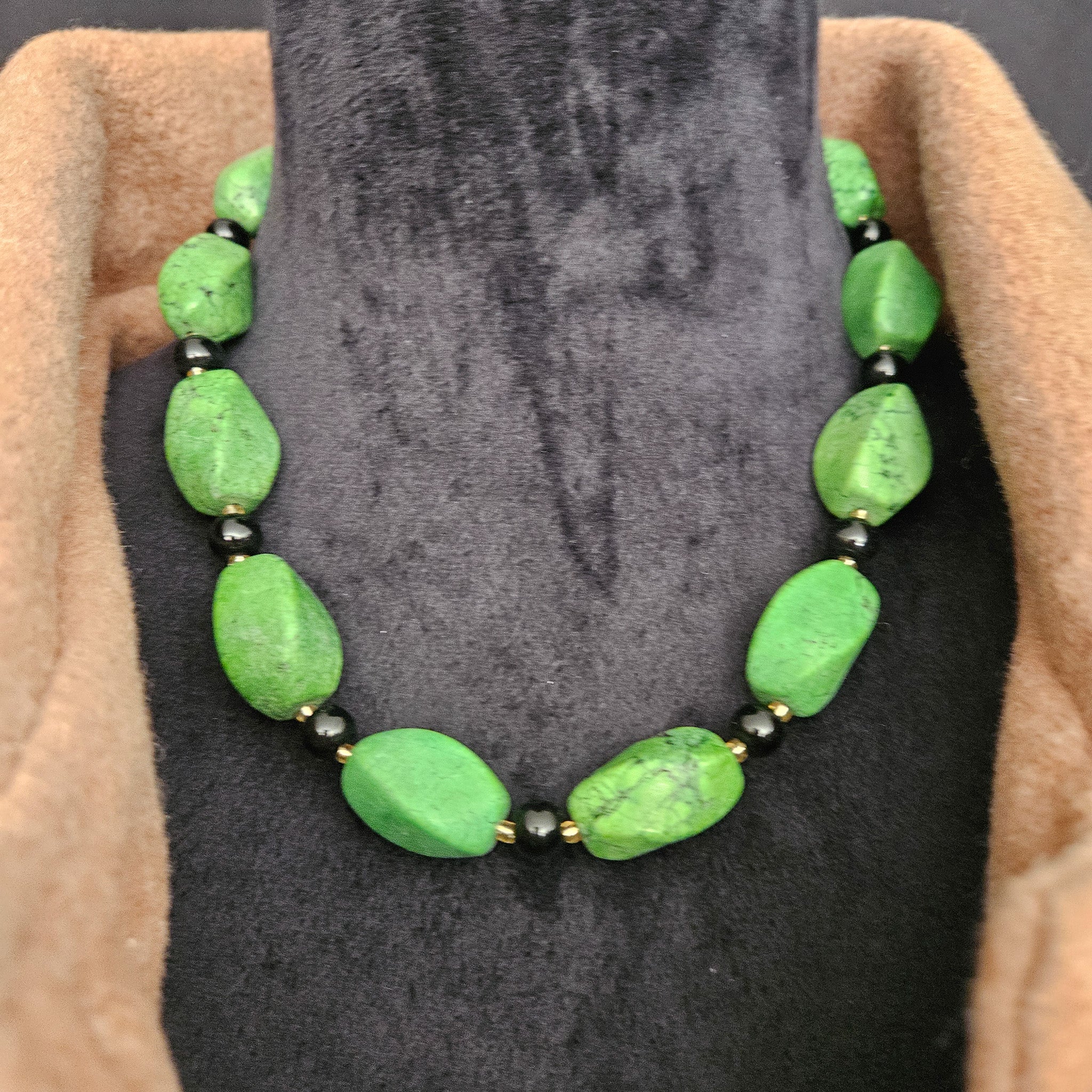 Green Gasperetti Stone and Obsidian Bead Necklace
