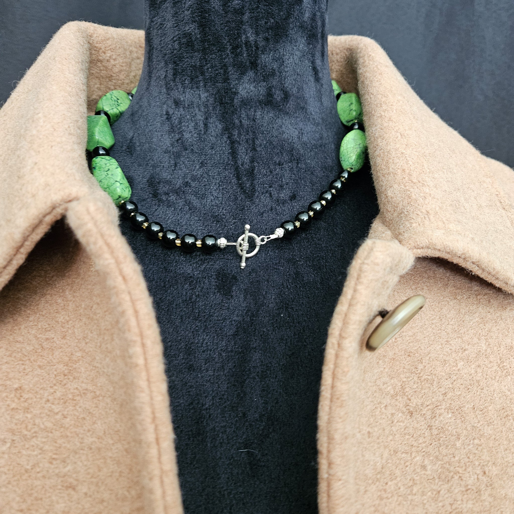 Green Gasperetti Stone and Obsidian Bead Necklace