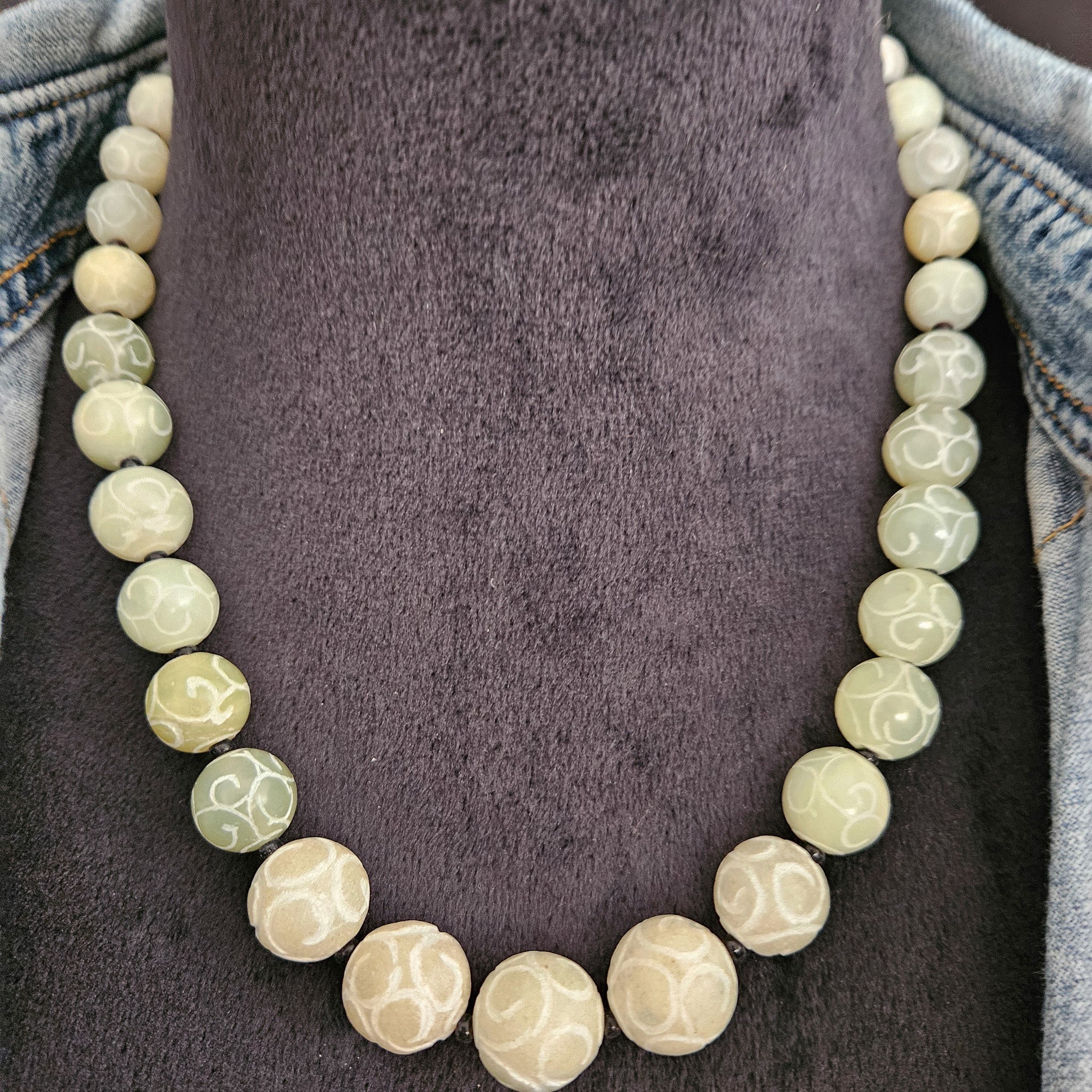 Intricately Carved Light Green Agate Beaded Necklace