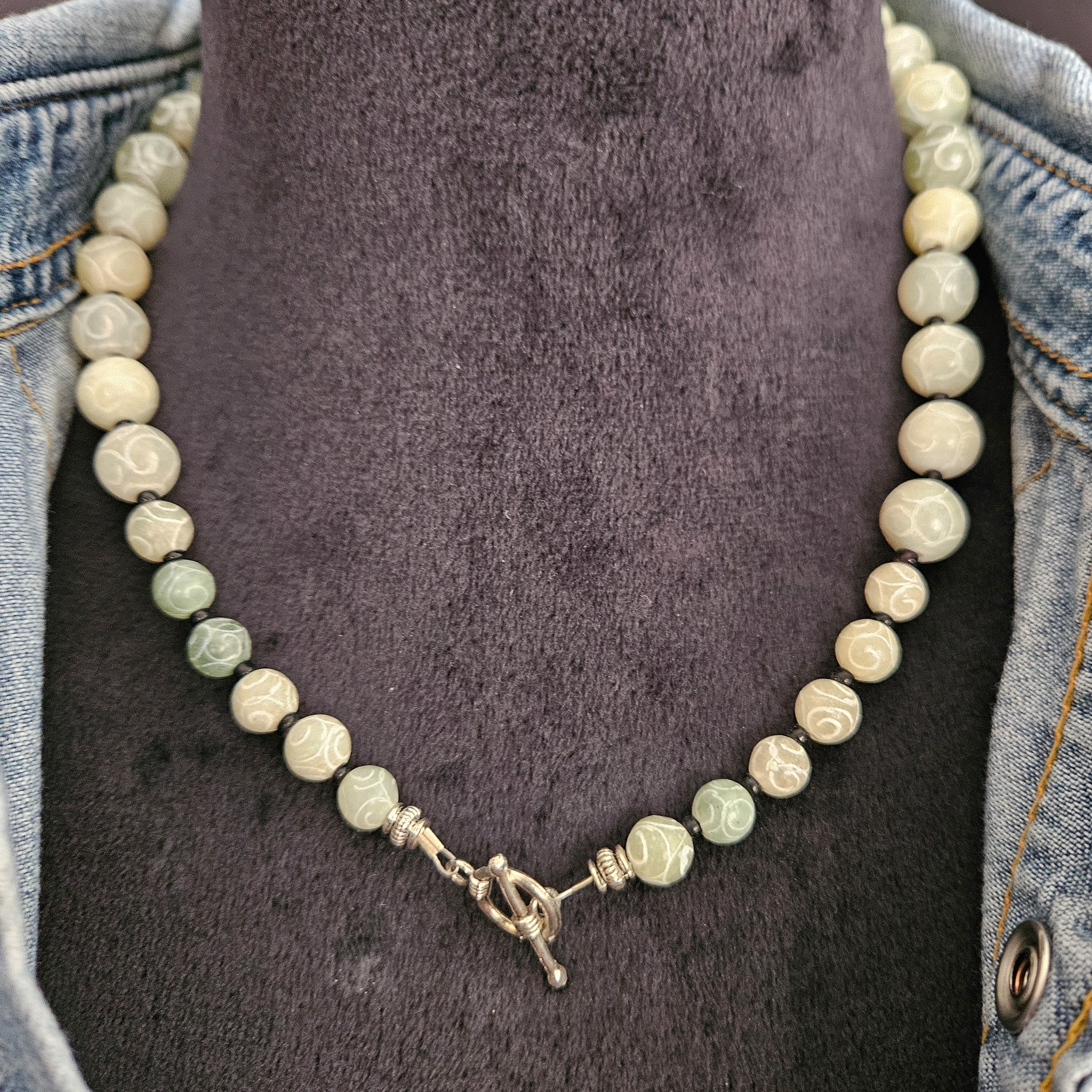 Intricately Carved Light Green Agate Beaded Necklace