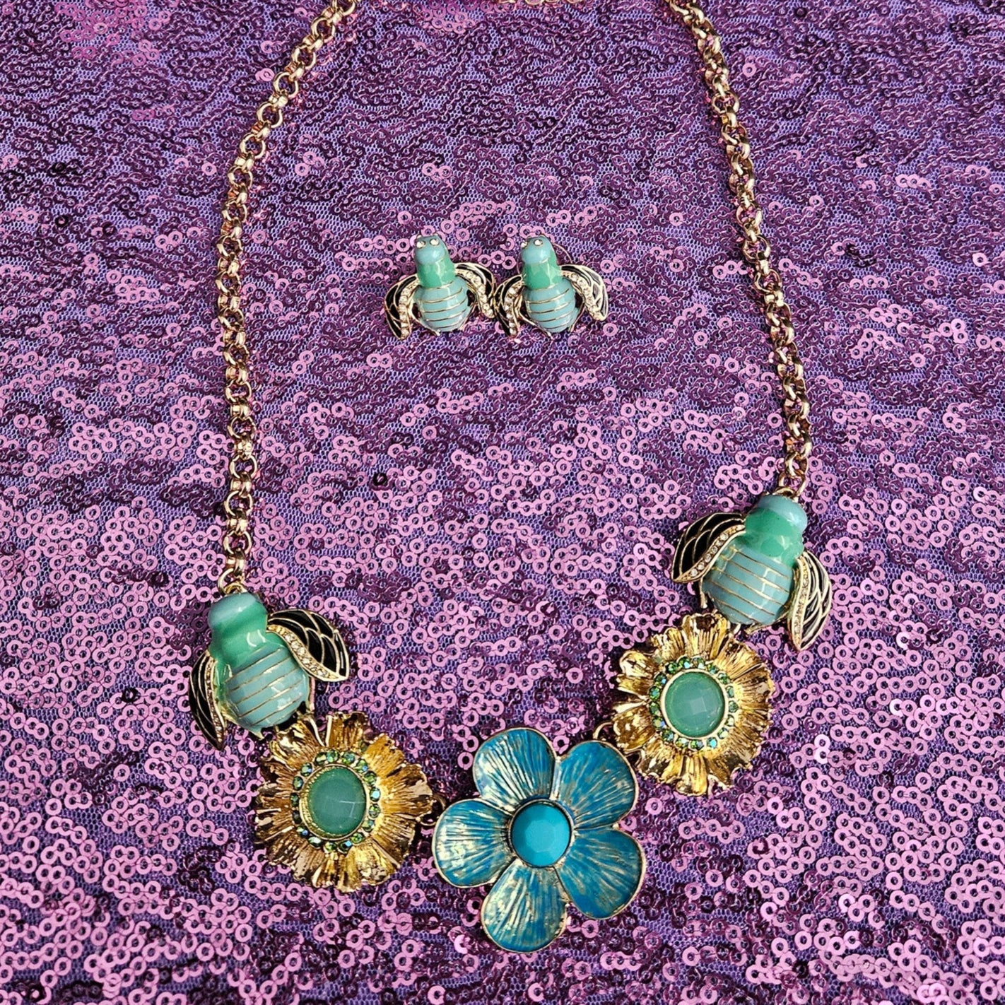 Blue Bumble Bee and Flower Enamel Painted Necklace and Earring Jewelry Set
