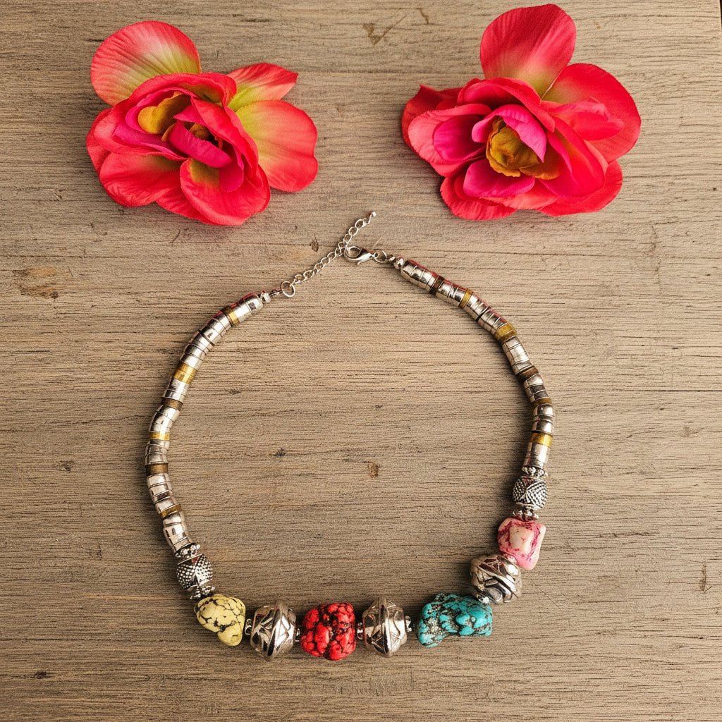 Beautiful Dyed Howlite Stones & Silver Bead Necklace