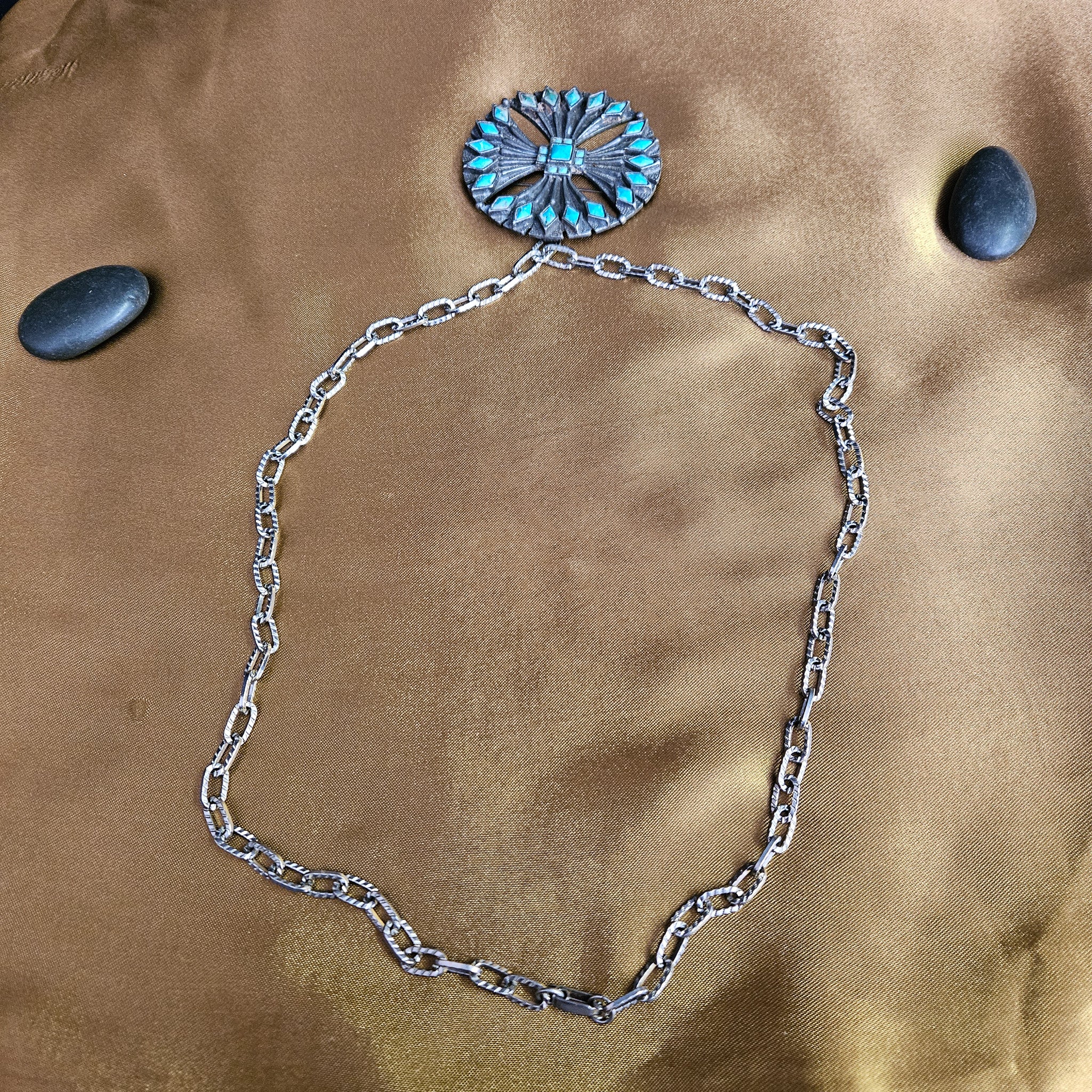 Turquoise Dyed Stone Cross Style Pendant on a Paper Clip Silver Chain