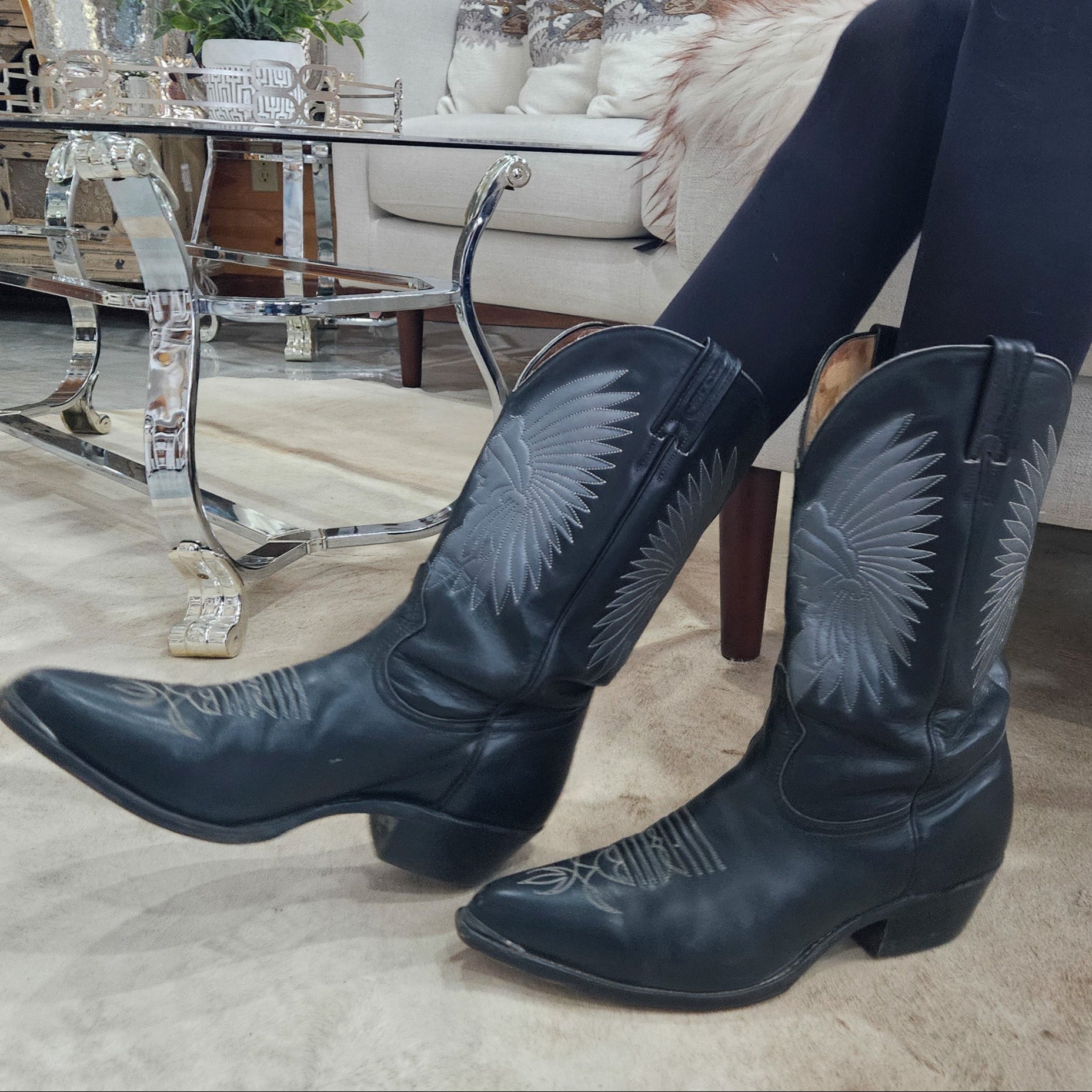 Black Boulet Vintage Canada Western Boots with Custom Indian Chief Head Detail Embroidery Size 11 1/2