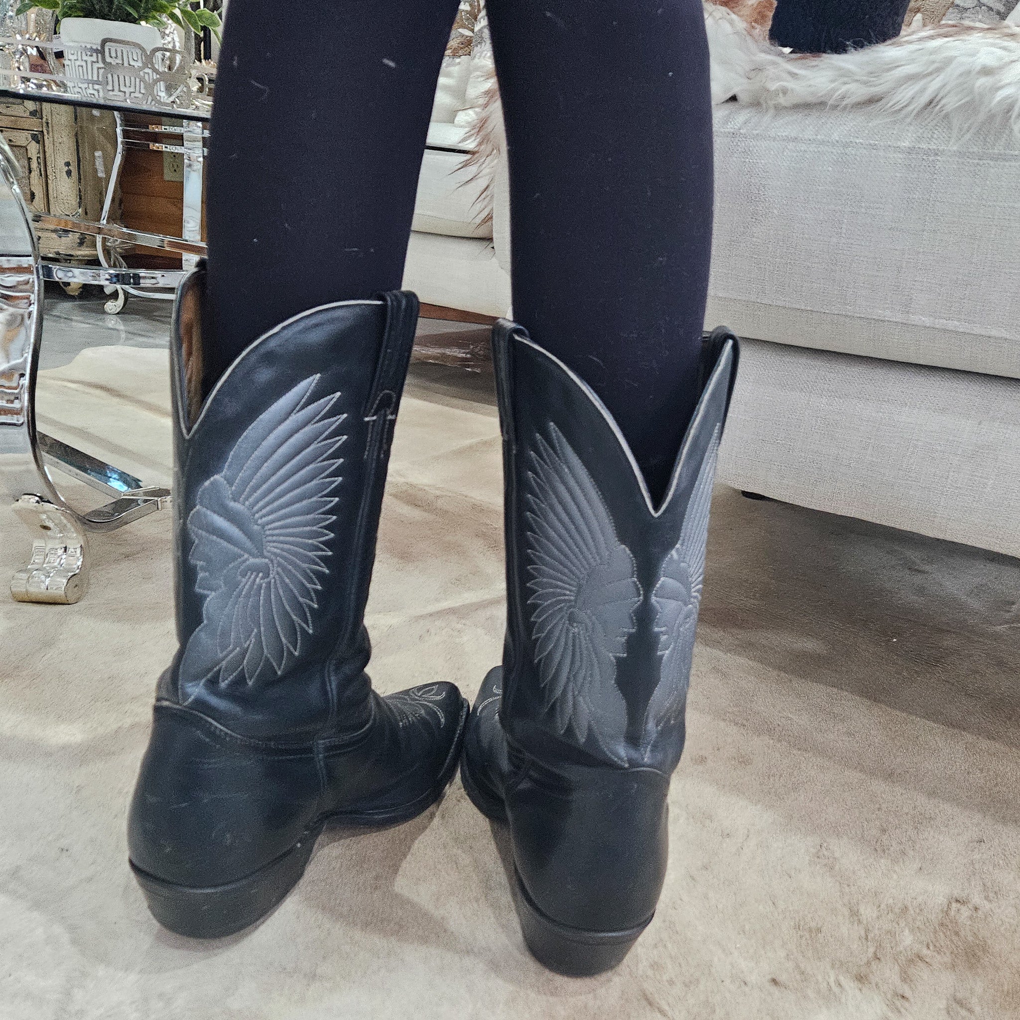 Black Boulet Vintage Canada Western Boots with Custom Indian Chief Head Detail Embroidery Size 11 1/2