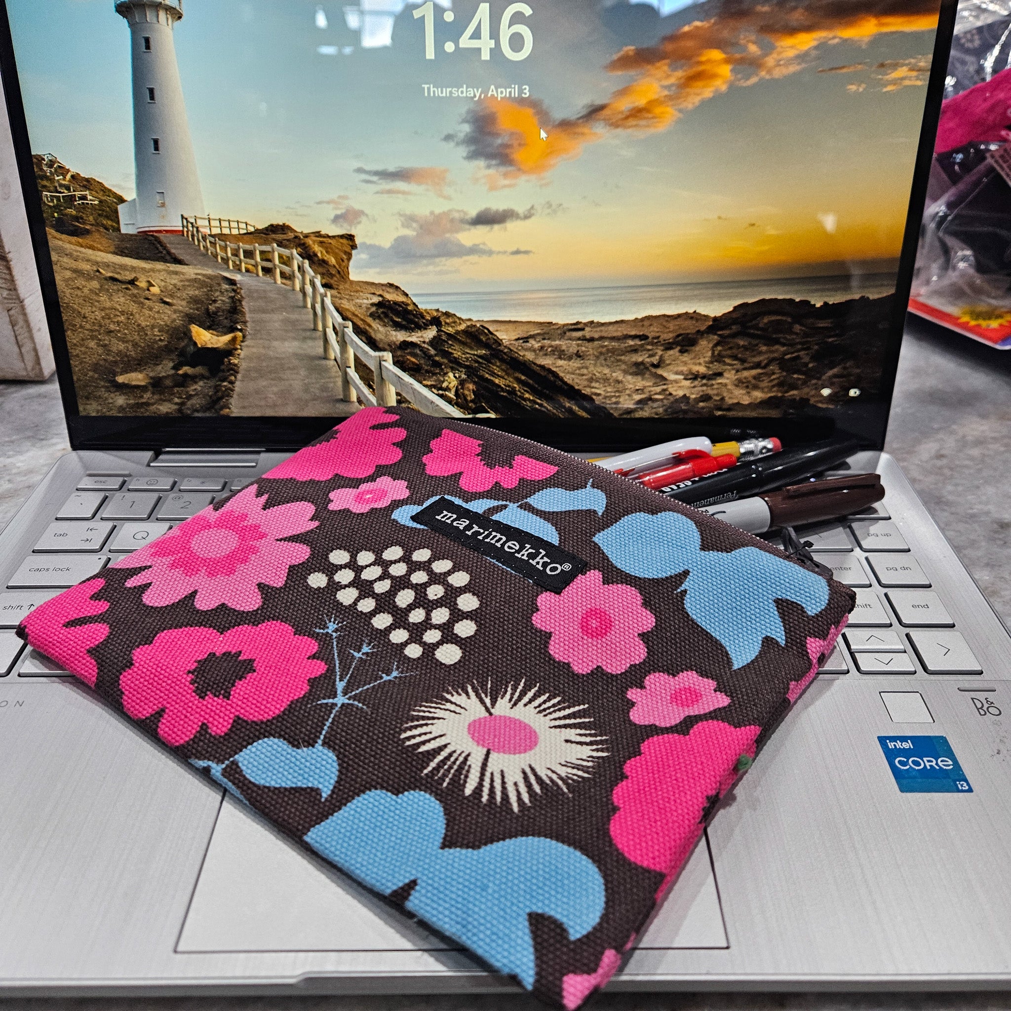 Marimekko Pencil Bag Brown with Pink and Blue Floral Design