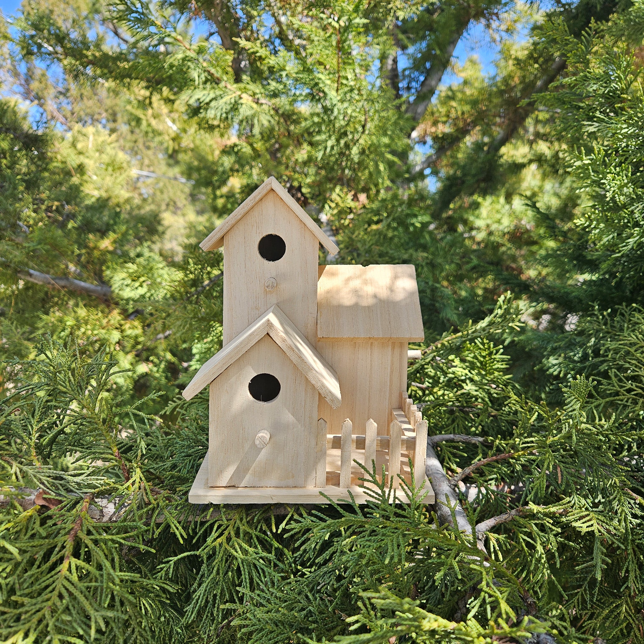 Raw Wood Three Tier 3 Room Bird House with Picket Fence