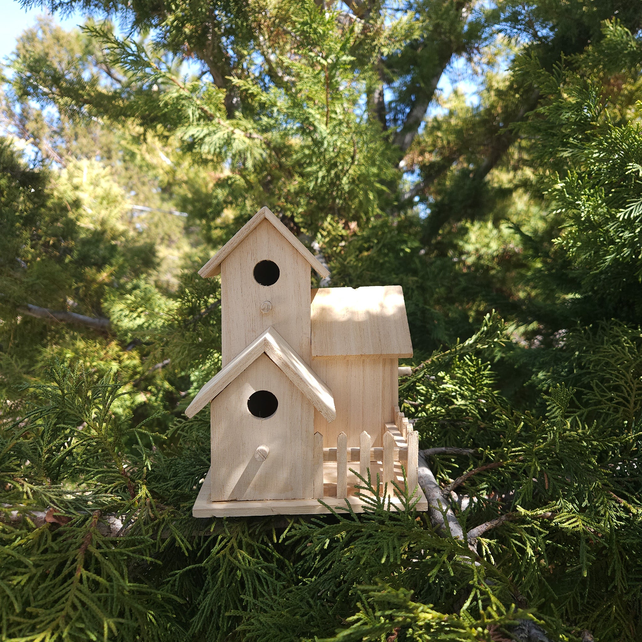Raw Wood Three Tier 3 Room Bird House with Picket Fence