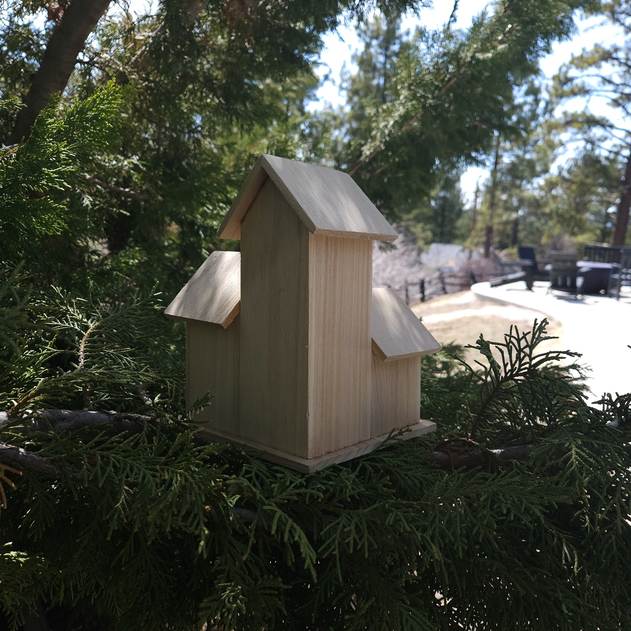 Raw Wood Three Tier 3 Room Bird House with Picket Fence