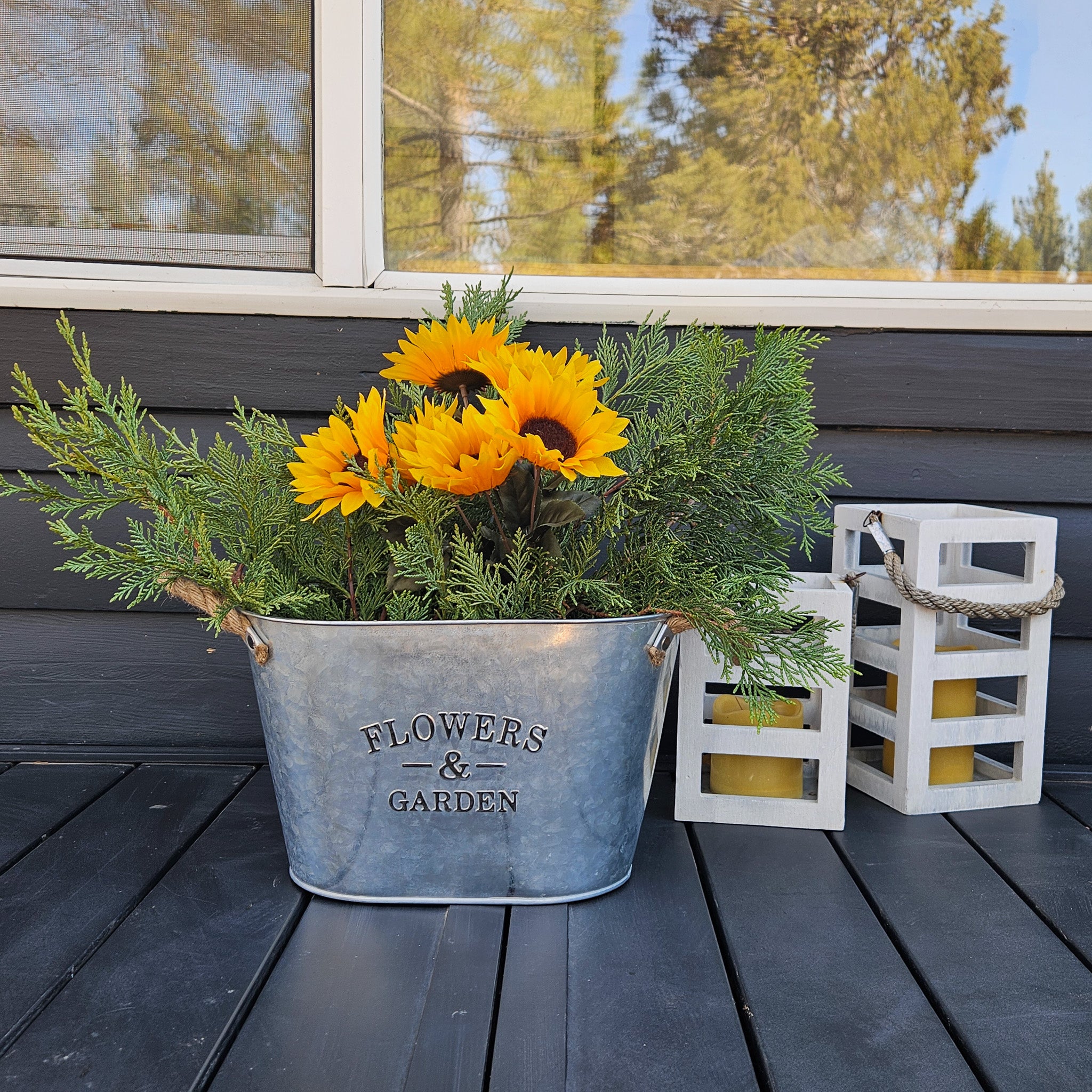 Metal Siver Colored Oval Shaped "Flower & Garden" Container