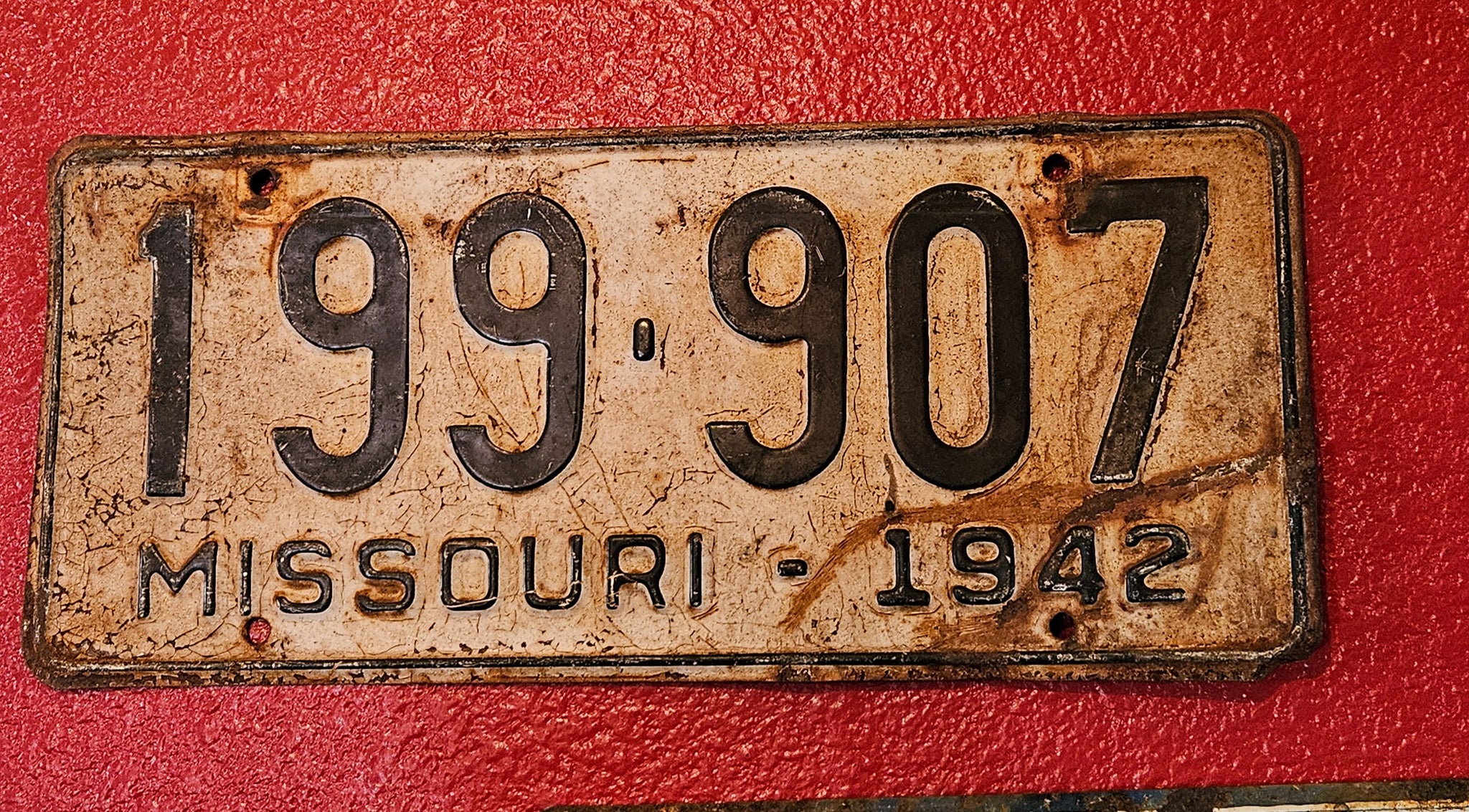 Vintage MISSOURI License Plate 1942 White & Black