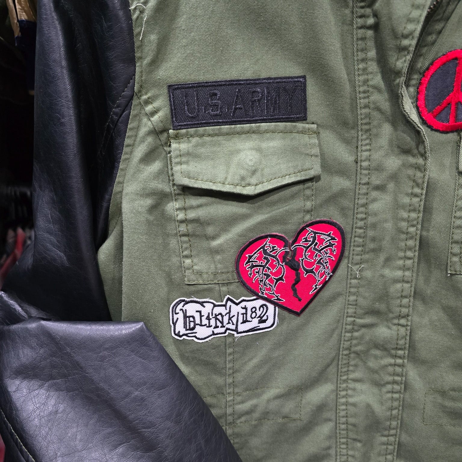 Custom Therapy Army Green and Black Zipper Hooded Patch Jacket with Black Sleeves