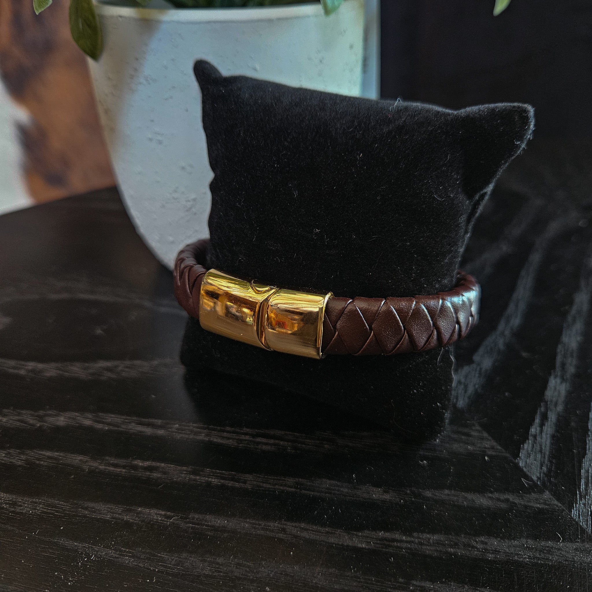 9" Braided Dark Brown Leather with Gold Magnetic Closure Bracelet