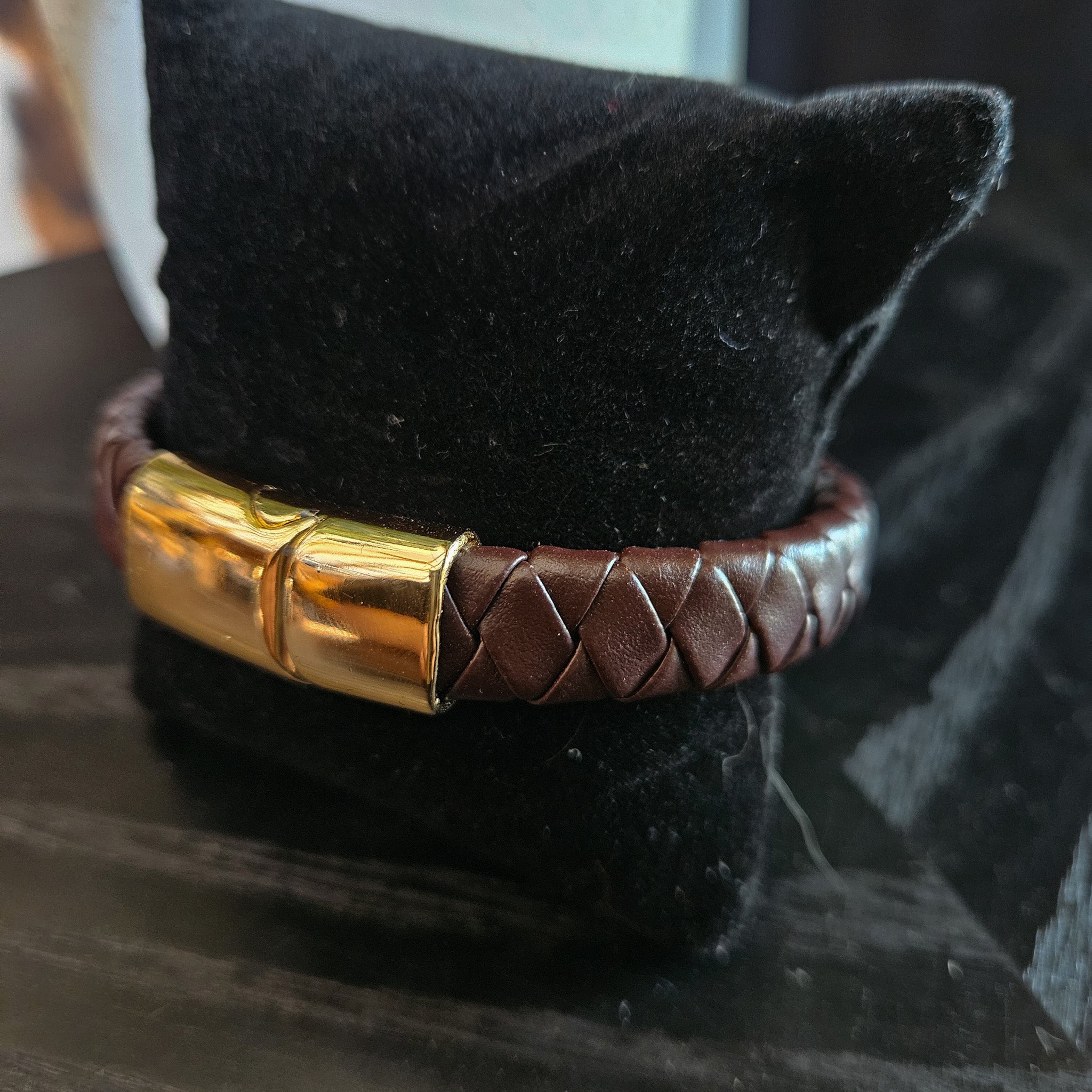 9" Braided Dark Brown Leather with Gold Magnetic Closure Bracelet