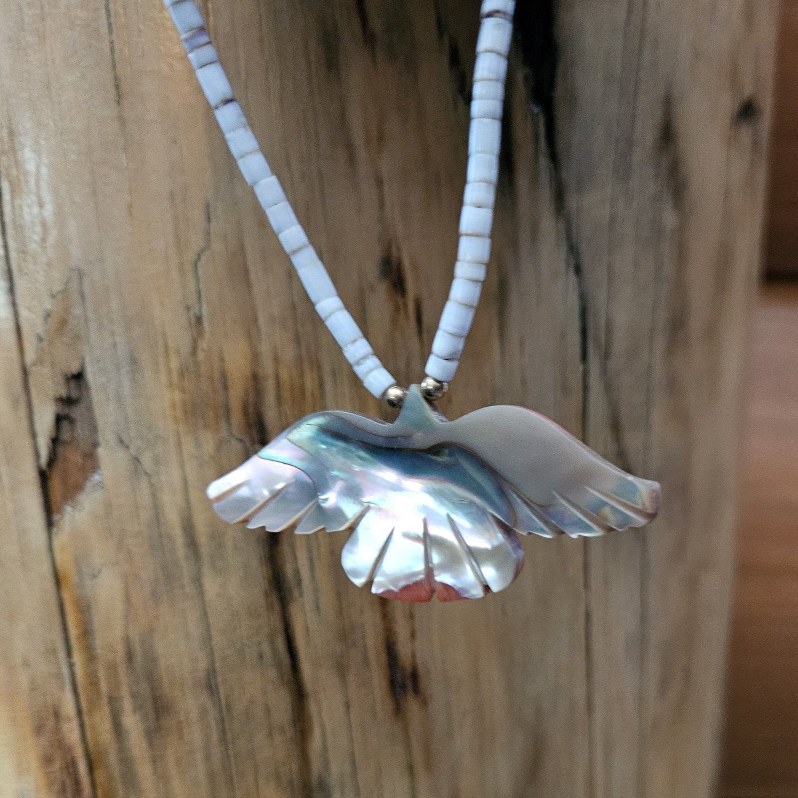 Native American Navajo Necklace with Shell Beads and an Abalone Shell Bird Pendant