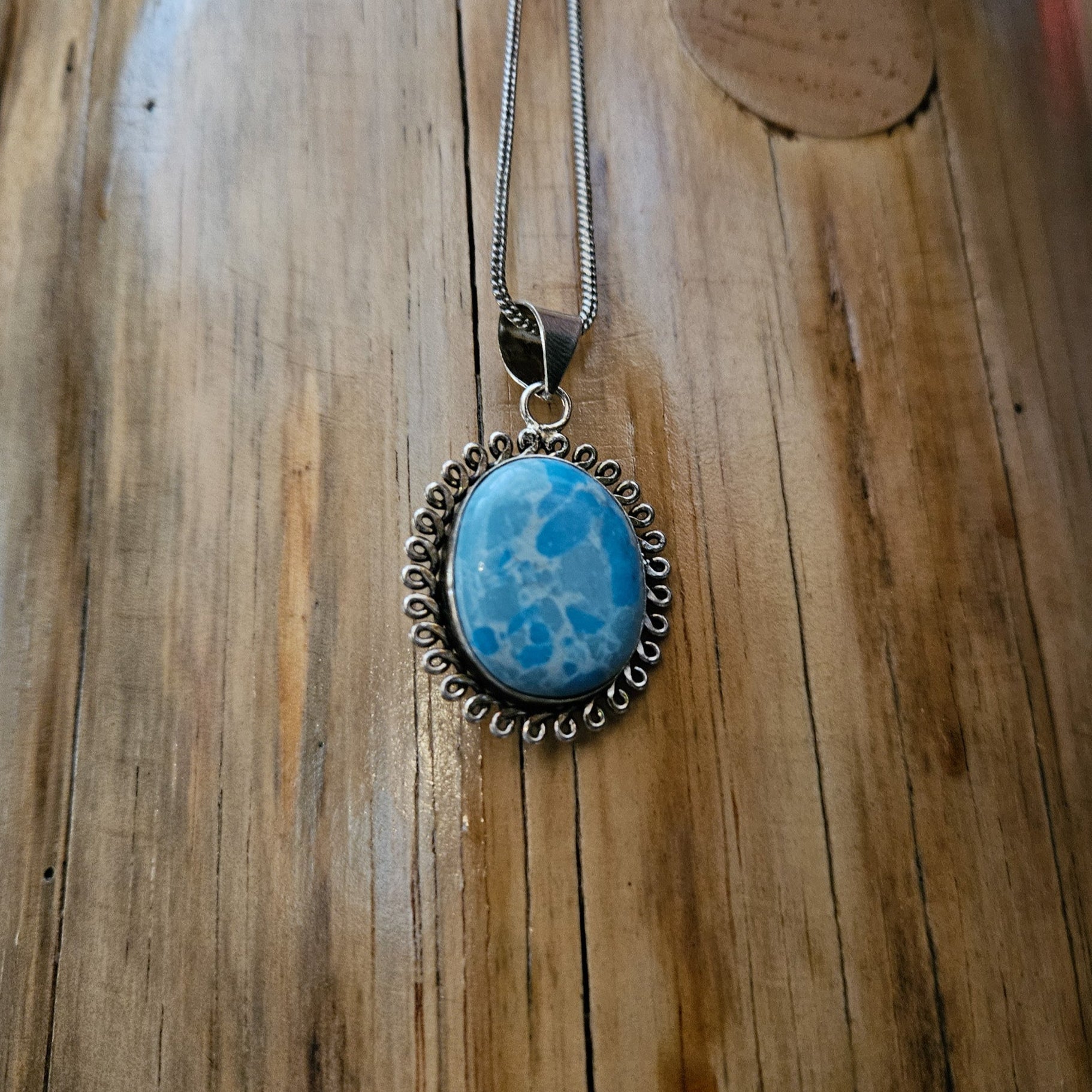 Twisted Sterling Silver Frame with Oval Larimar Stone Necklace