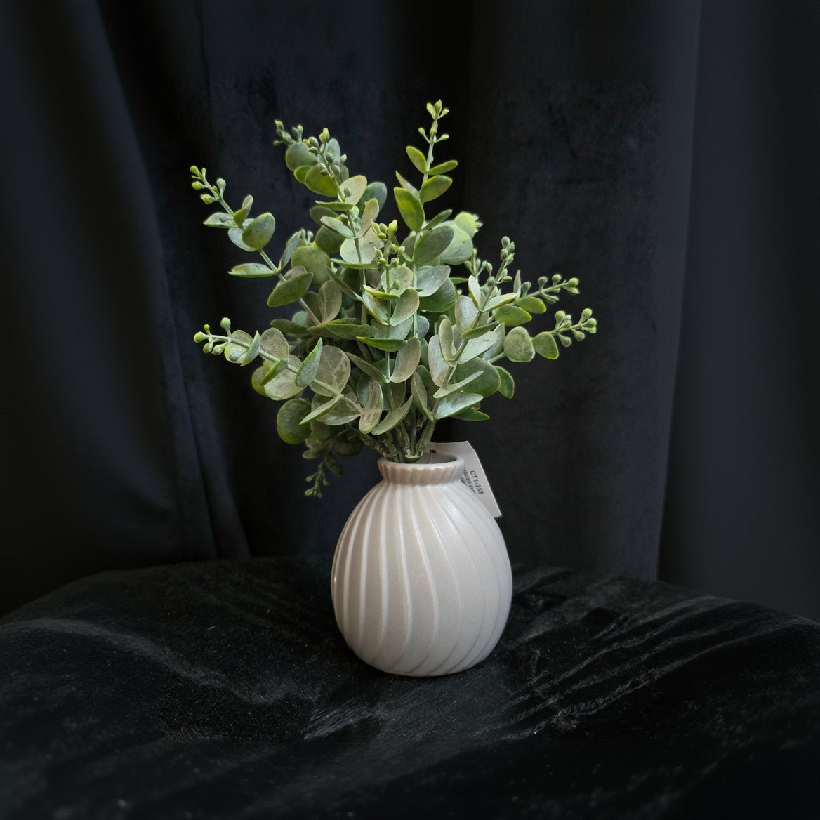 Seeded Eucalyptus in Grey Swirl Detail Ceramic Vase