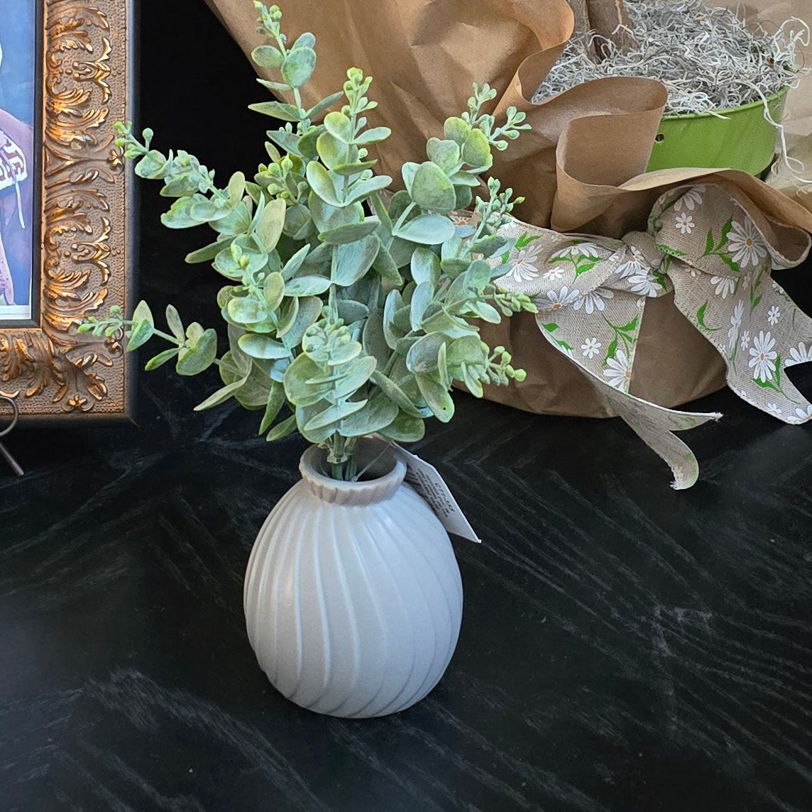 Seeded Eucalyptus in Grey Swirl Detail Ceramic Vase