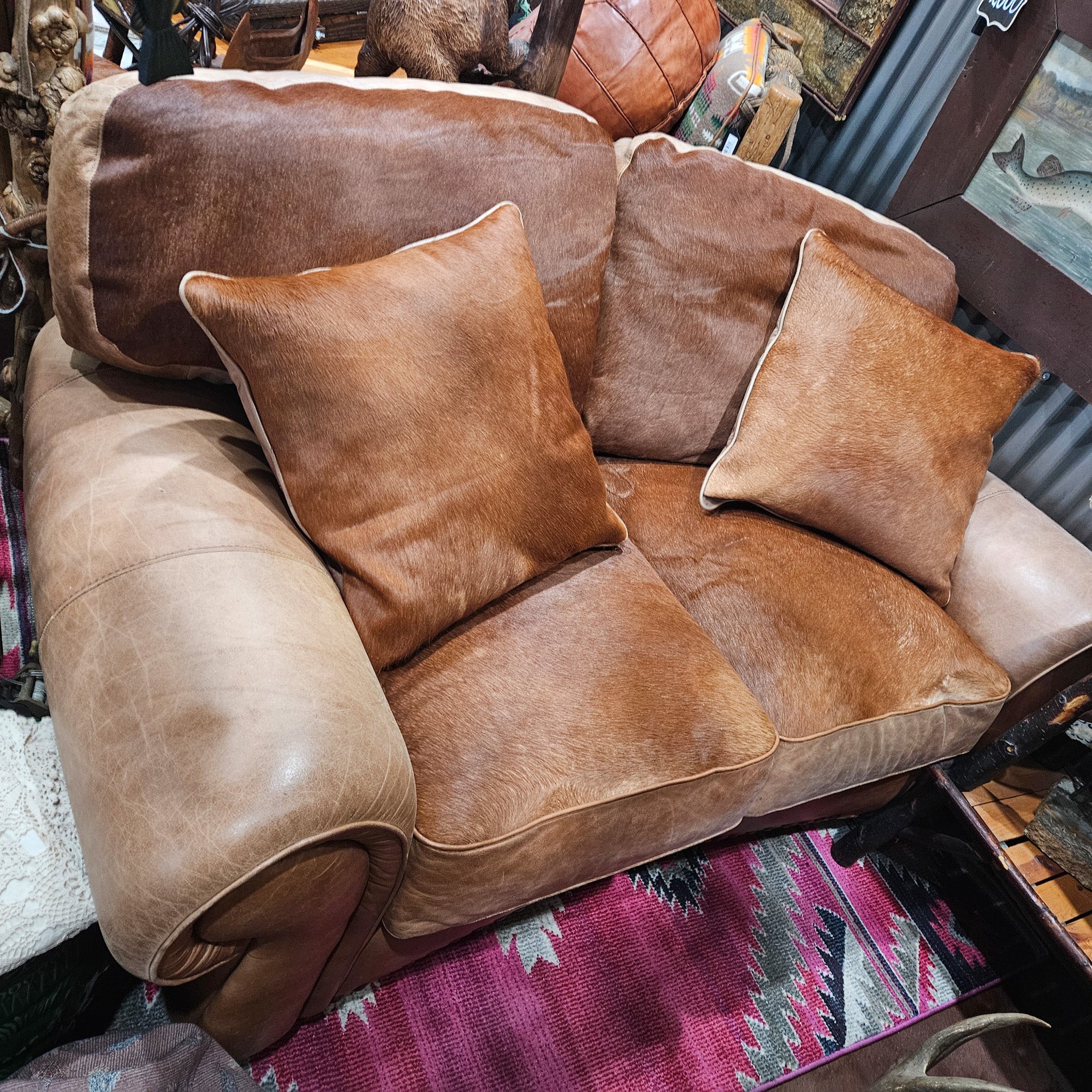 Classic Loveseat Sofa Featuring Custom Cinnamon Cowhide and Leather Upholstery