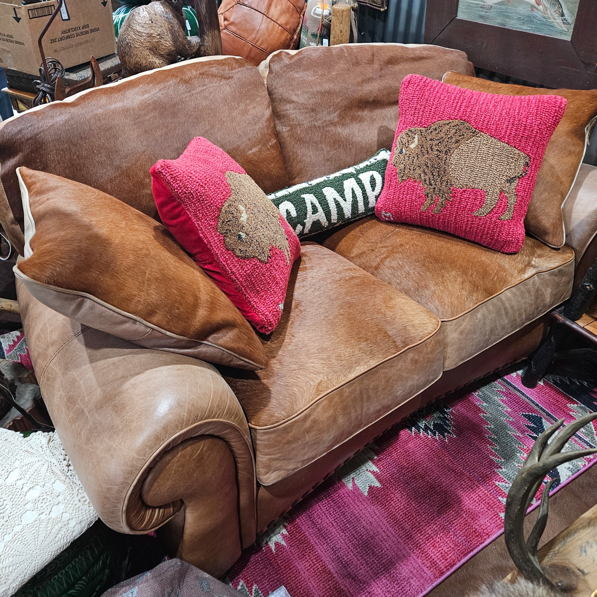 Classic Loveseat Sofa Featuring Custom Cinnamon Cowhide and Leather Upholstery
