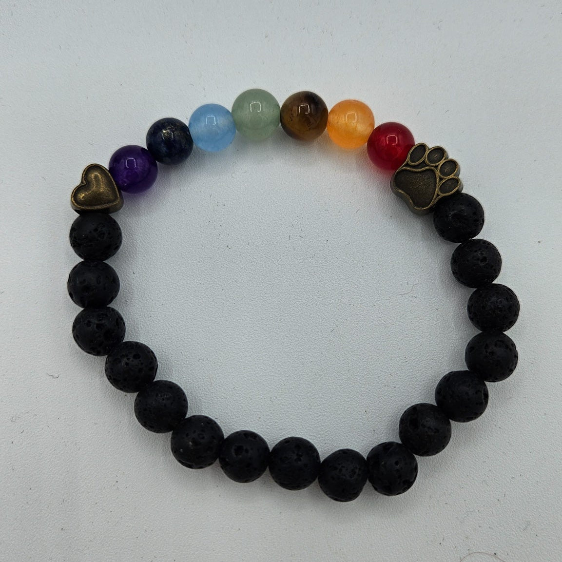 7 Chakra Lava Stone Stretch Bracelet Featuring Bear Paw and Heart Charm