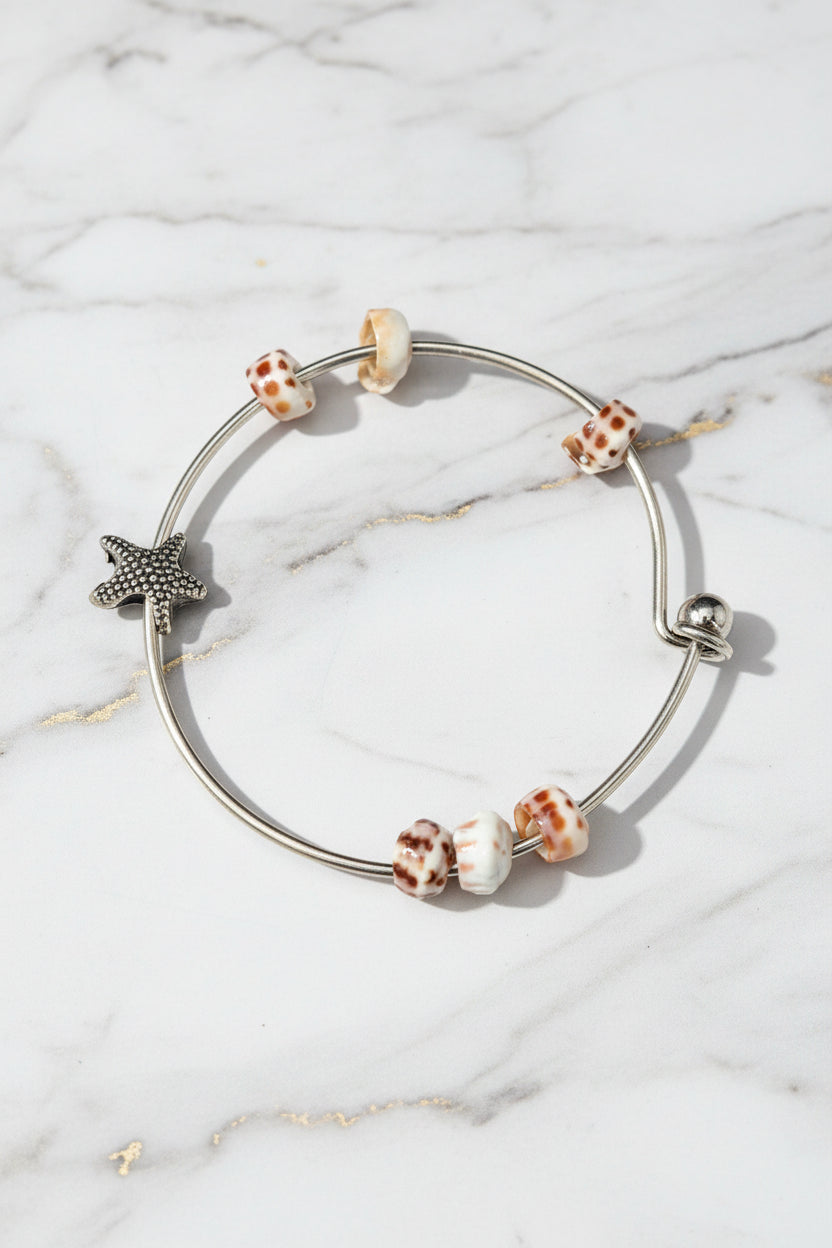 Natural Shell Bead Wire Bangle Bracelet with Starfish Charm