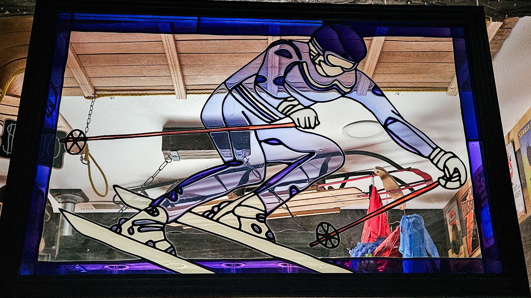 Striking Hand-Painted Alpine Skier Glass Art Panel 35.5x23.5 inches
