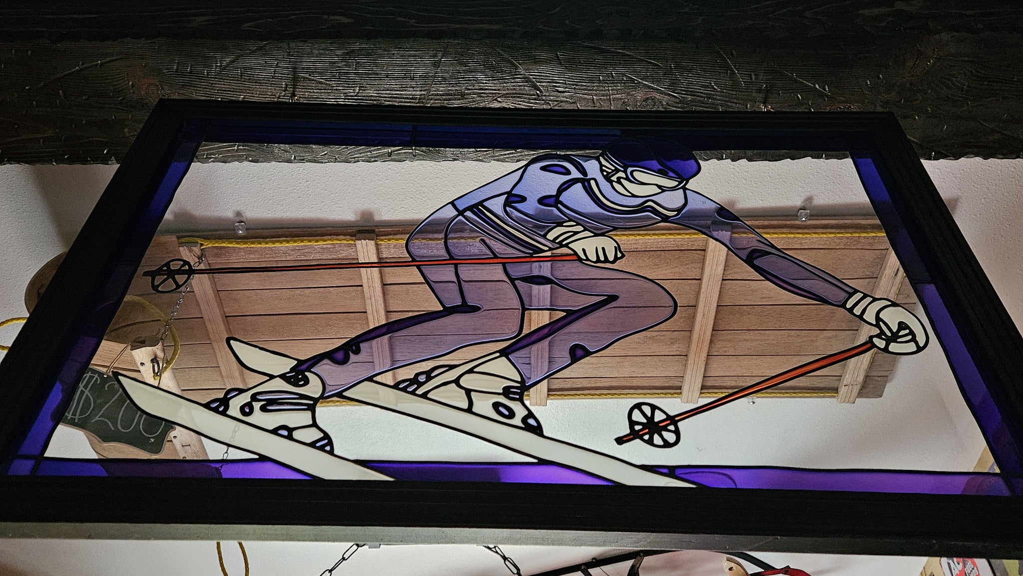 Striking Hand-Painted Alpine Skier Glass Art Panel 35.5x23.5 inches