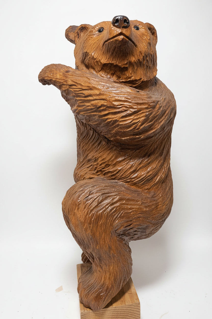 Signed Roy Hamari Hand-Carved Wooden Climbing Bear Sculpture – 42"