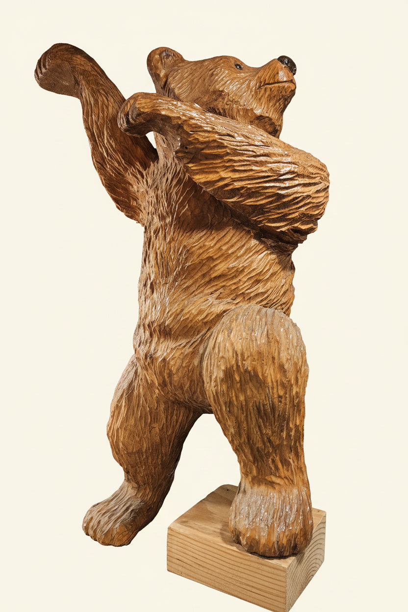 Signed Roy Hamari Hand-Carved Wooden Climbing Bear Sculpture – 42"