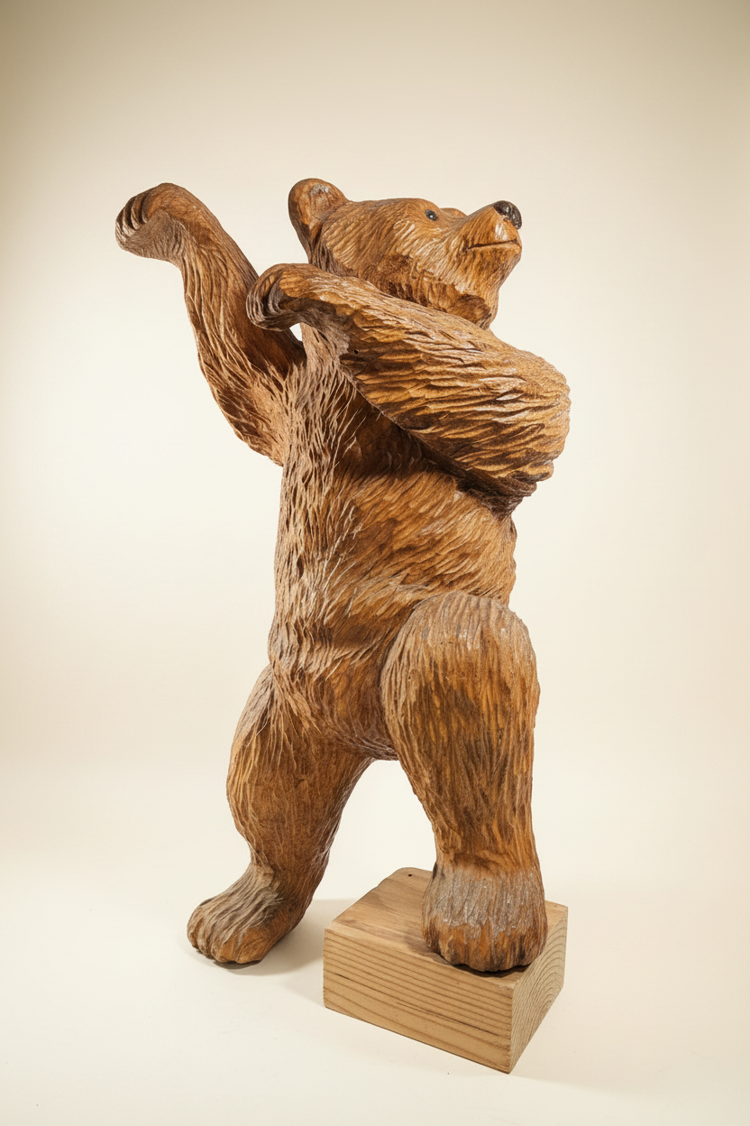 Signed Roy Hamari Hand-Carved Wooden Climbing Bear Sculpture – 42"