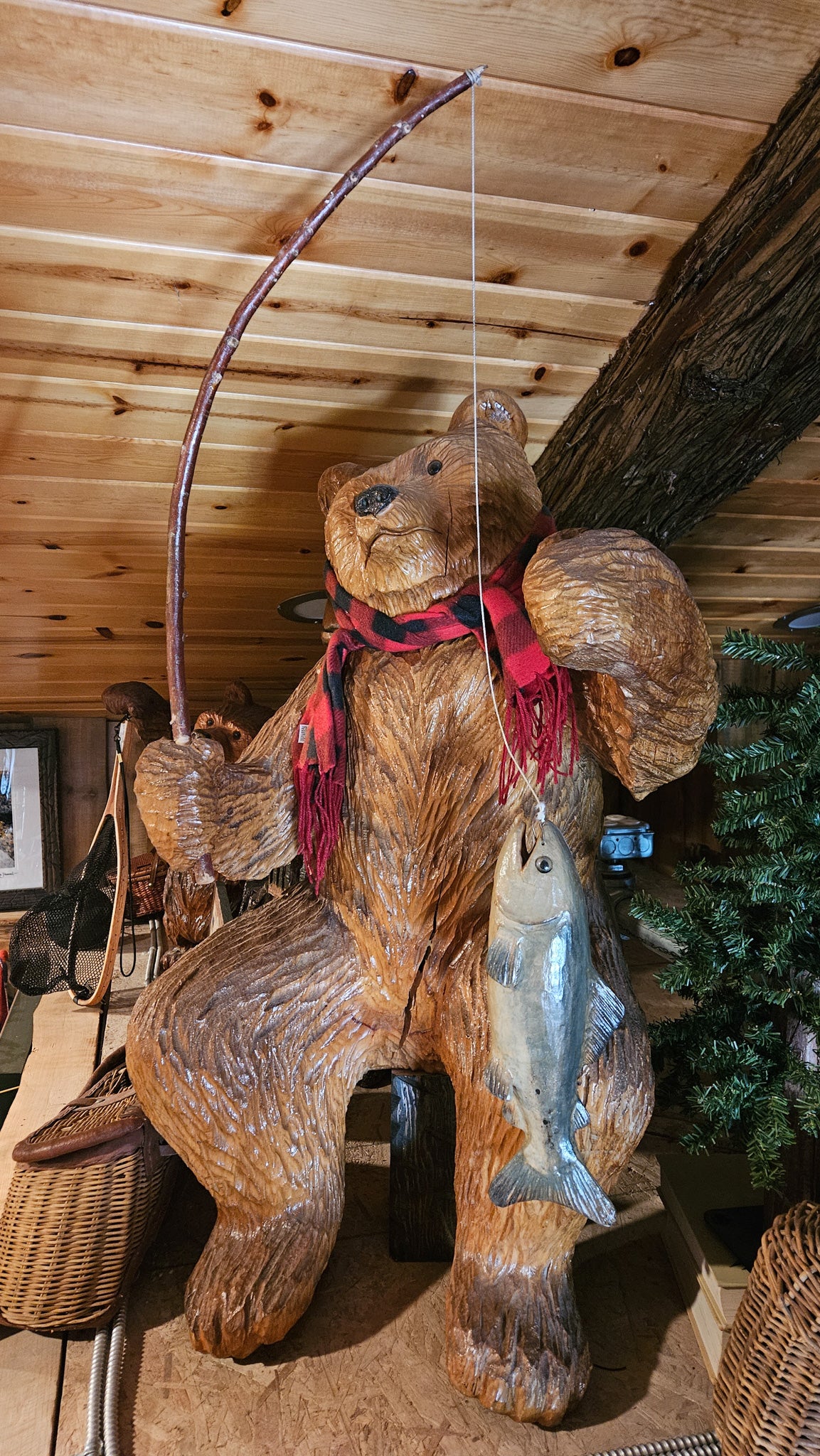Signed Roy Hamari Hand-Carved Fishing Bear Chainsaw Sculpture – 46" Tall