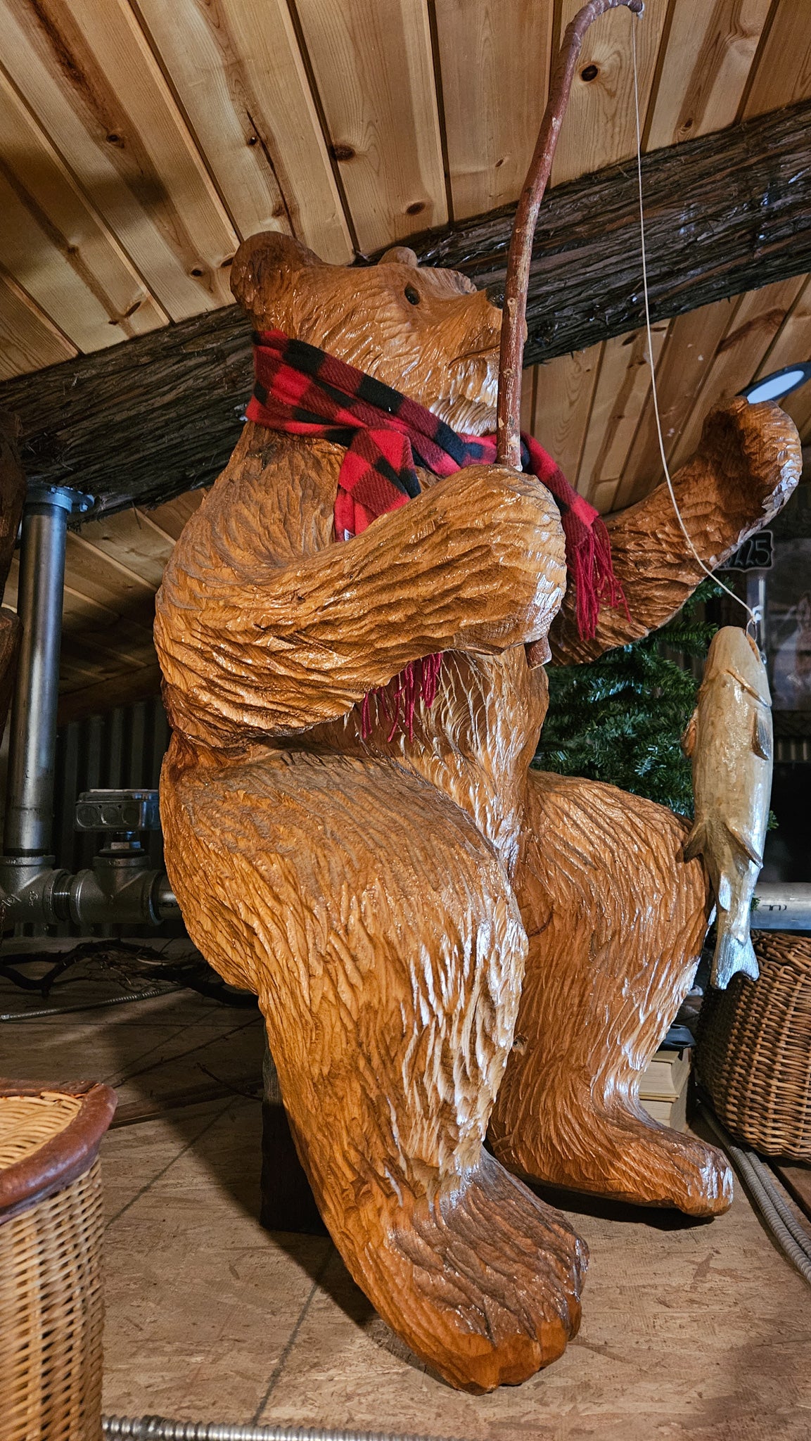 Signed Roy Hamari Hand-Carved Fishing Bear Chainsaw Sculpture – 46" Tall
