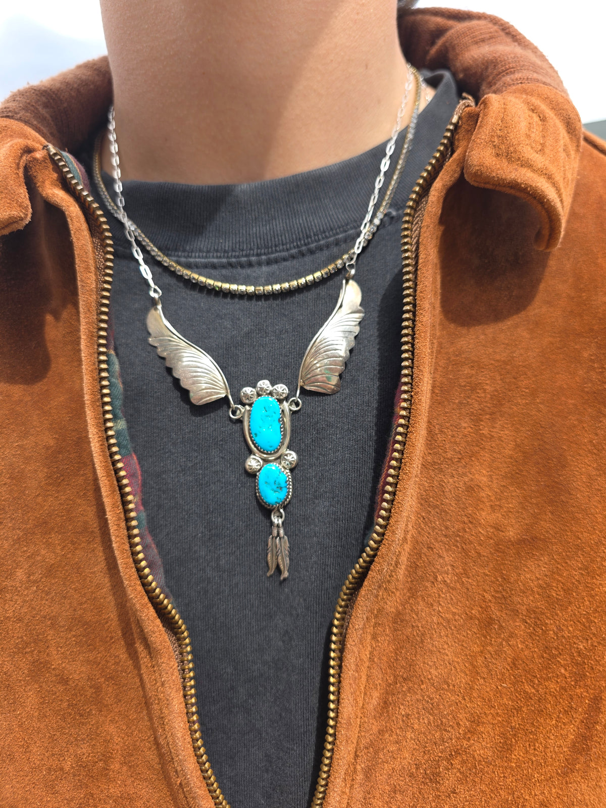 Vintage Nickel Turquoise Feather Necklace - Southwestern Style