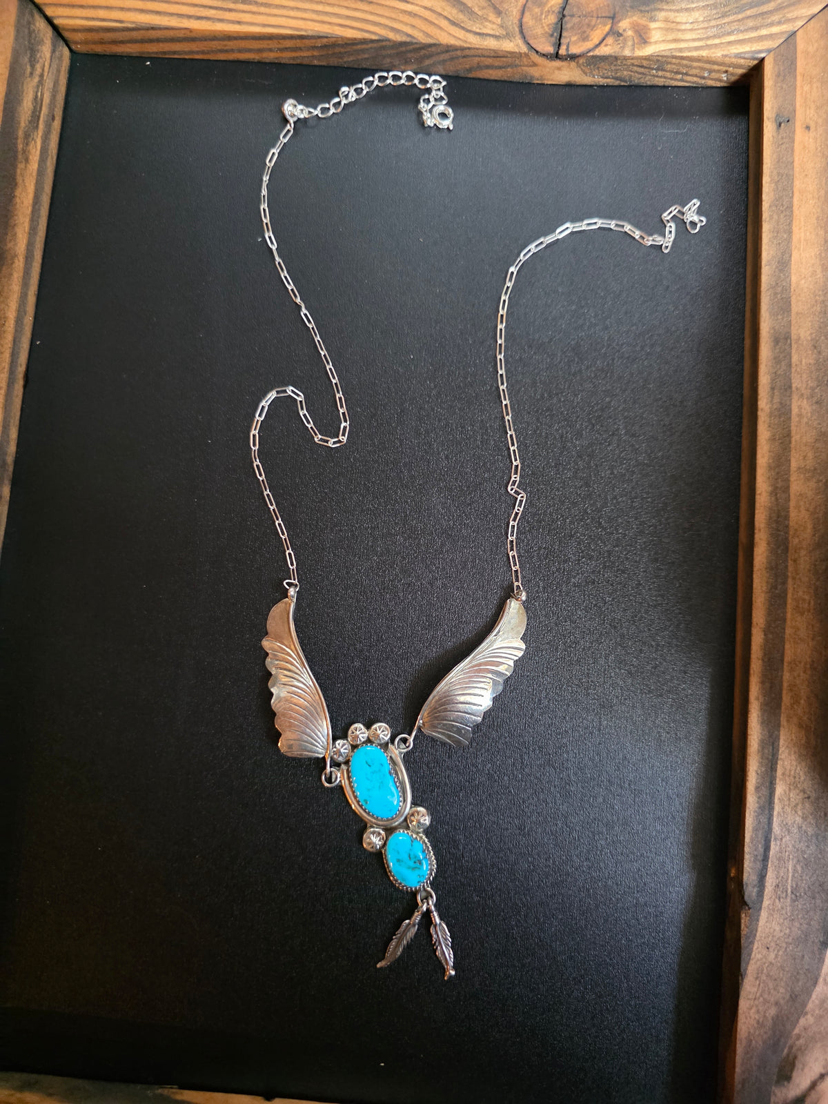 Vintage Nickel Turquoise Feather Necklace - Southwestern Style