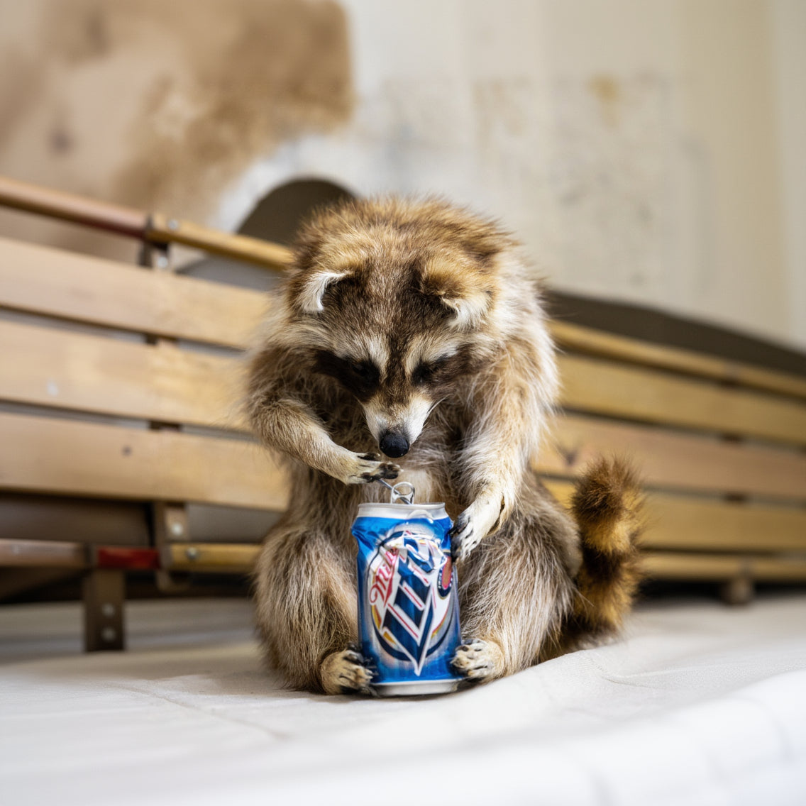 Taxidermized Racoon with a Miller Lite Beer Can Trophy