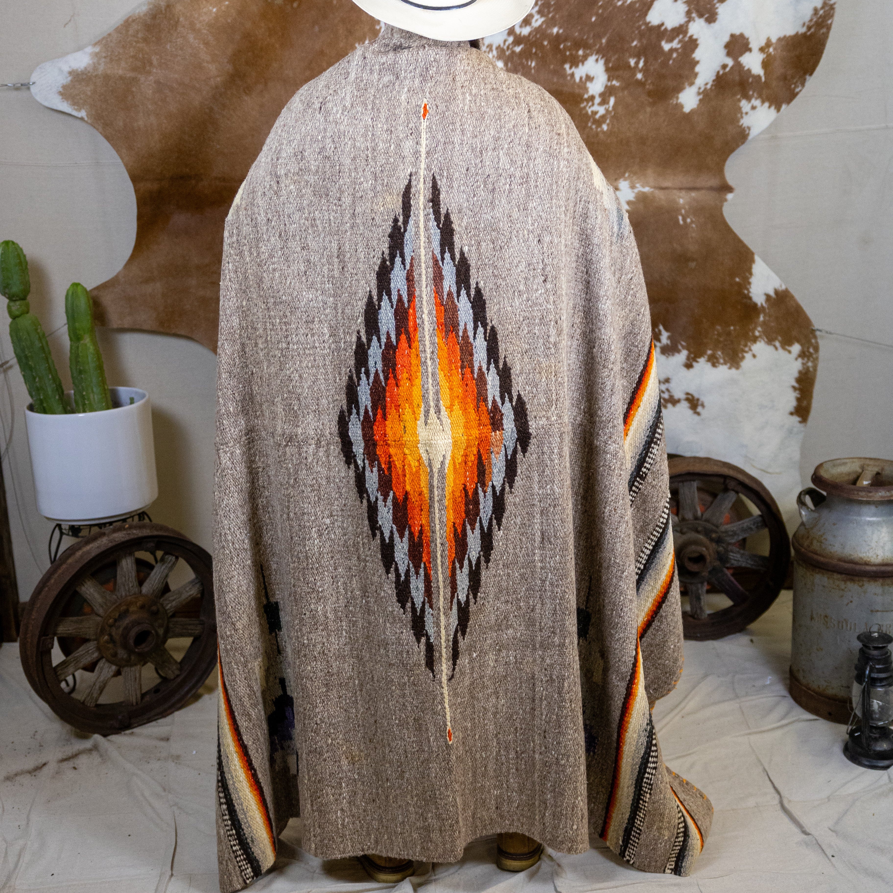 Authentic Vintage Southwestern Gray Woven Blanket with Colorful Native Design and Orange Accent Stitching
